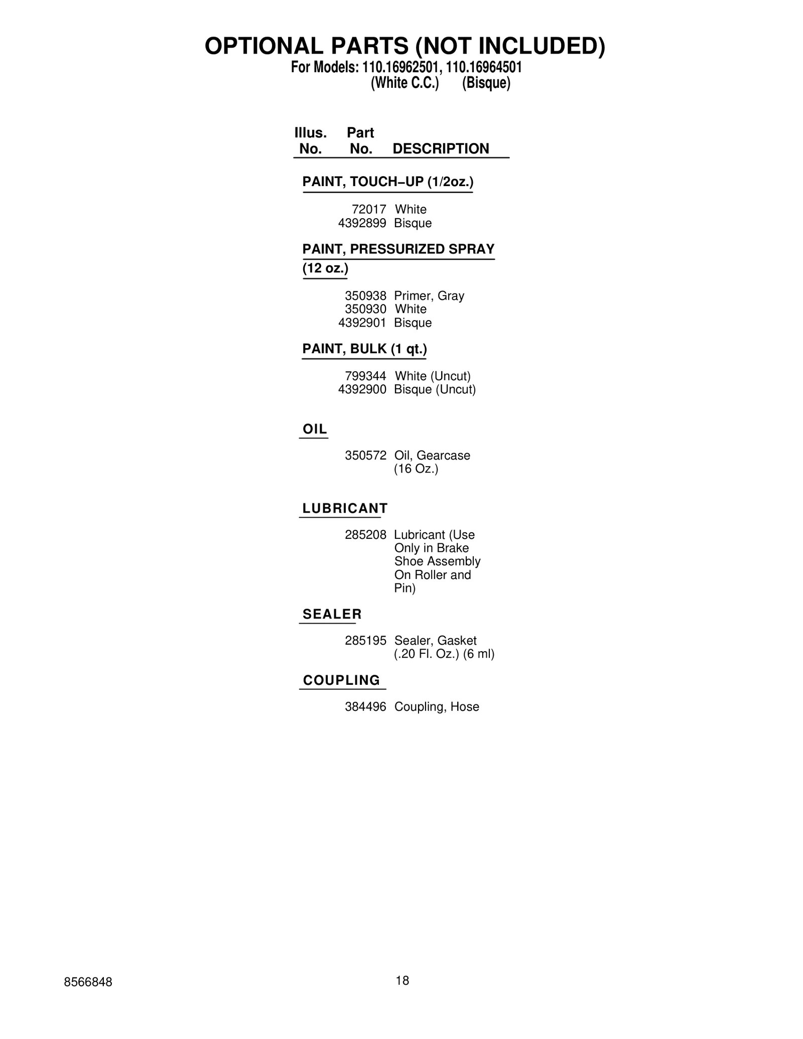 OPTIONAL PARTS (NOT INCLUDED)