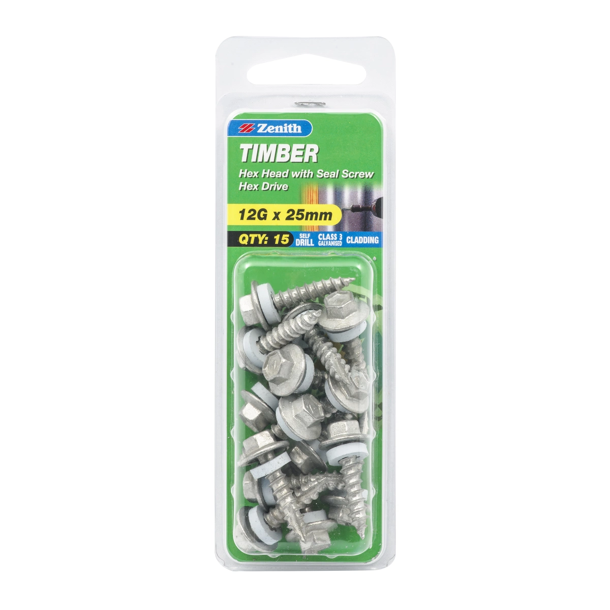 ZENITH® 12G x 25mm Class 3 Galvanised, External Hex Drive, Cladding & Roofing Screws with Seal – External Use – 15 Pack