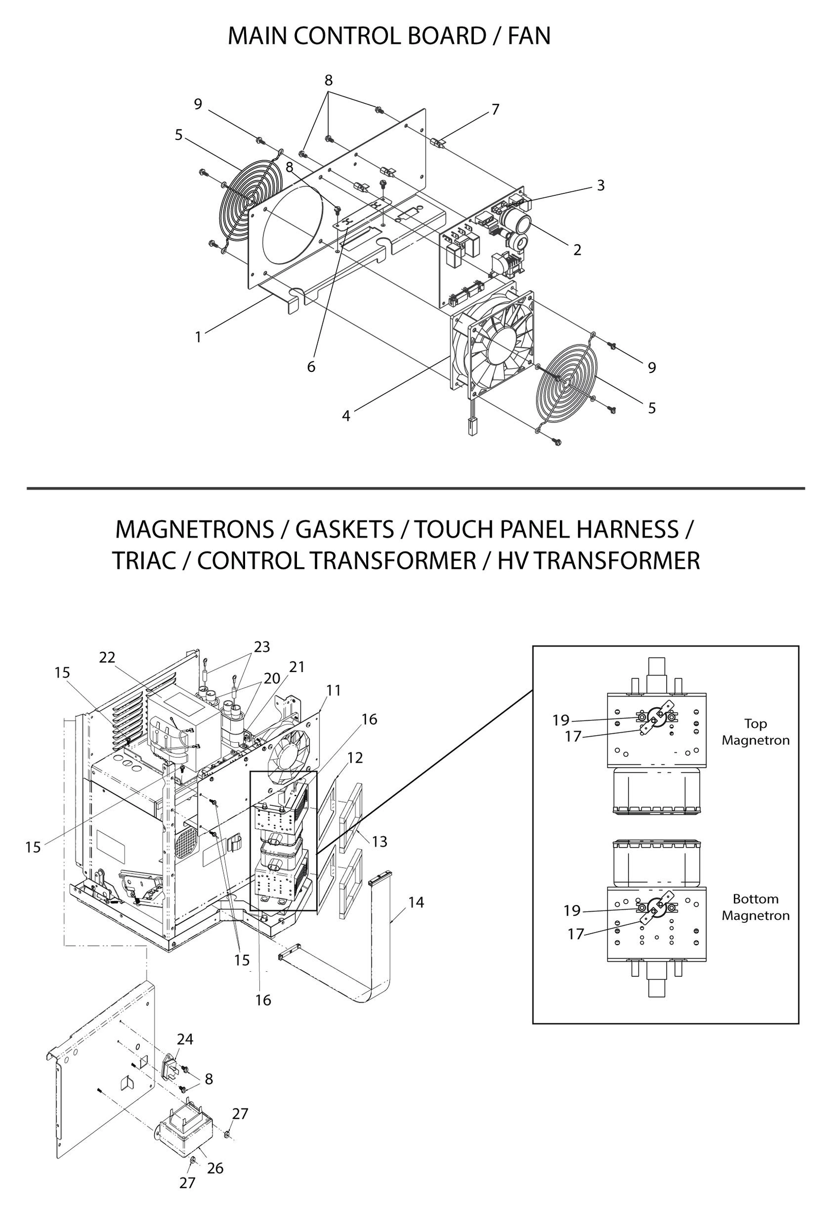 MAIN CONTROL BOARD / FAN / MAGNETRON / GASKETS / TOUCH PANEL