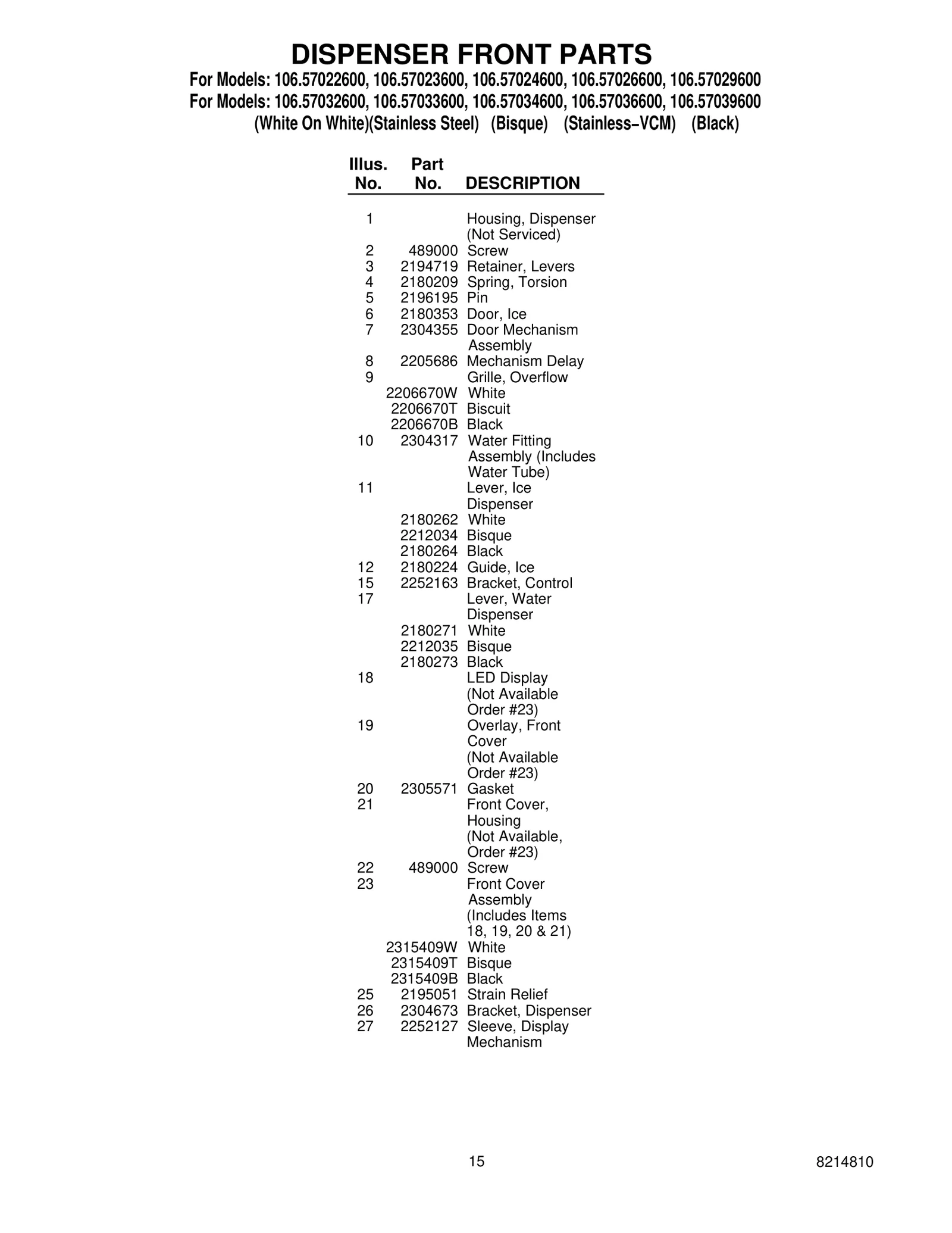 DISPENSER FRONT PARTS