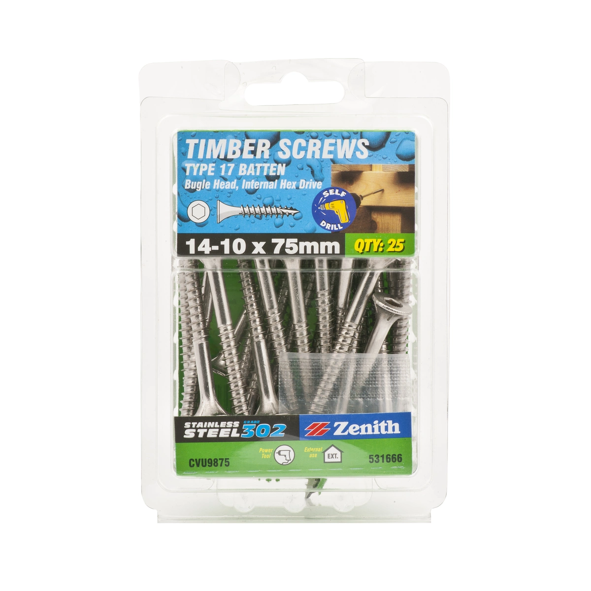 ZENITH® 14G x 75mm 304 Stainless Steel, Self Drilling, Internal Hex Drive, Bugle Batten Screws – External Use – 25 Pack