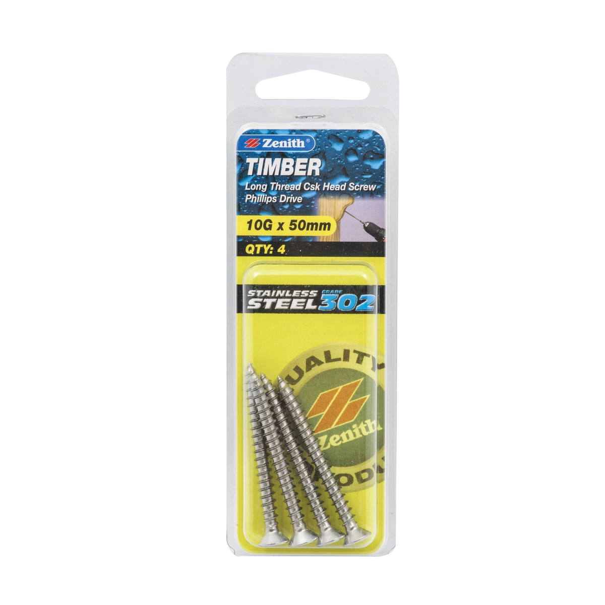 ZENITH® 10G x 50mm 304 Stainless Steel, Phillips Drive, Timber Screws – External Use – 4 Pack