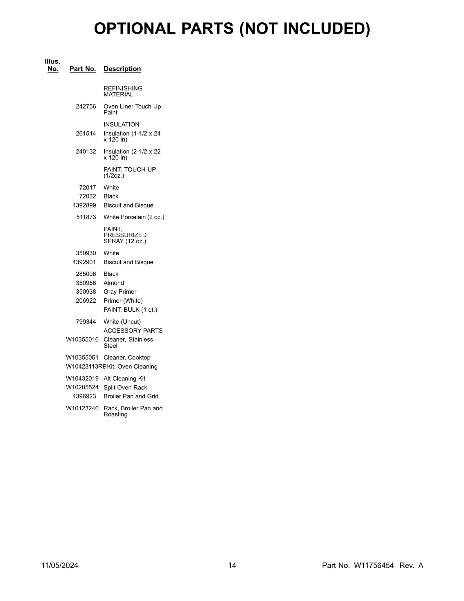 OPTIONAL PARTS (NOT INCLUDED)