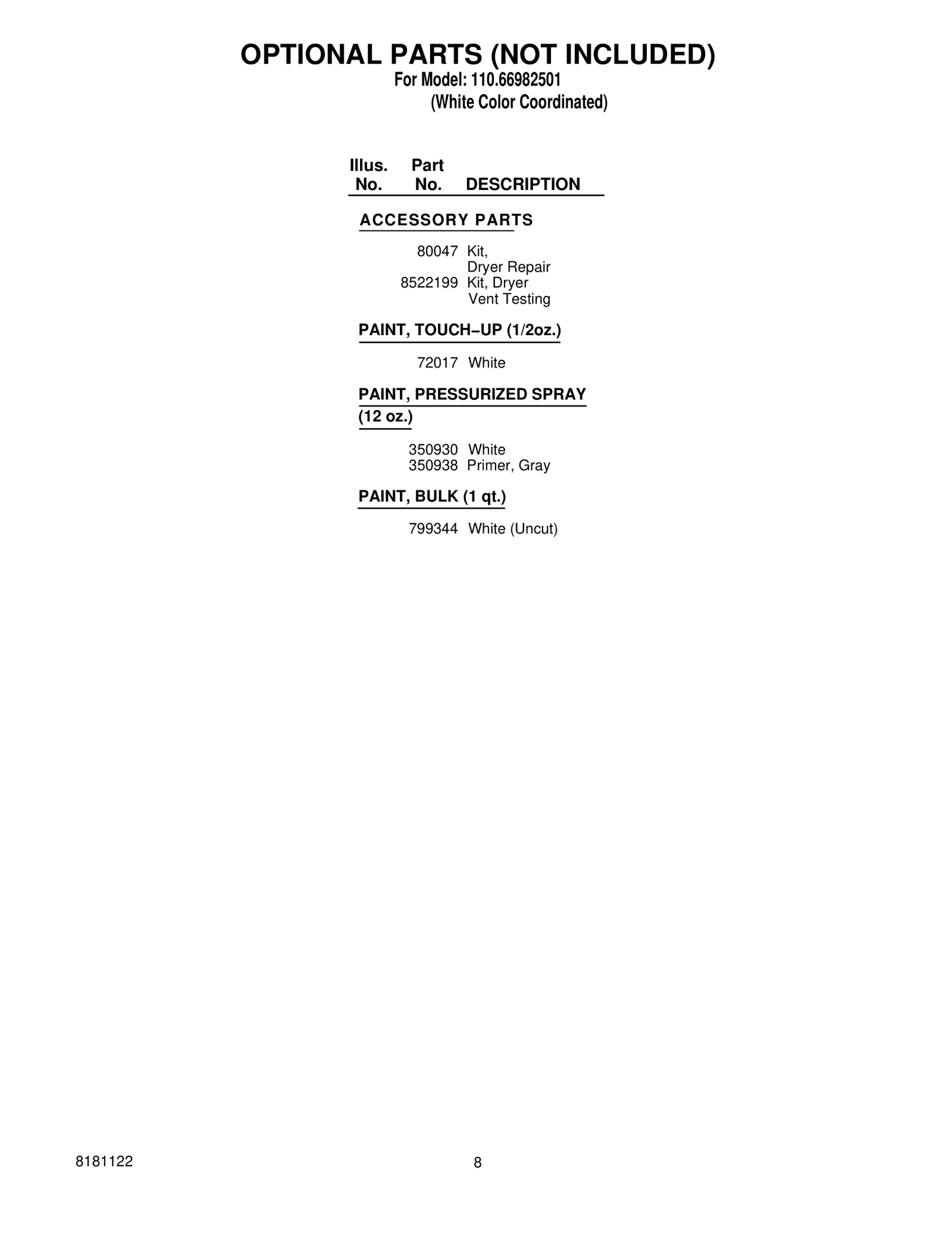 OPTIONAL PARTS (NOT INCLUDED)