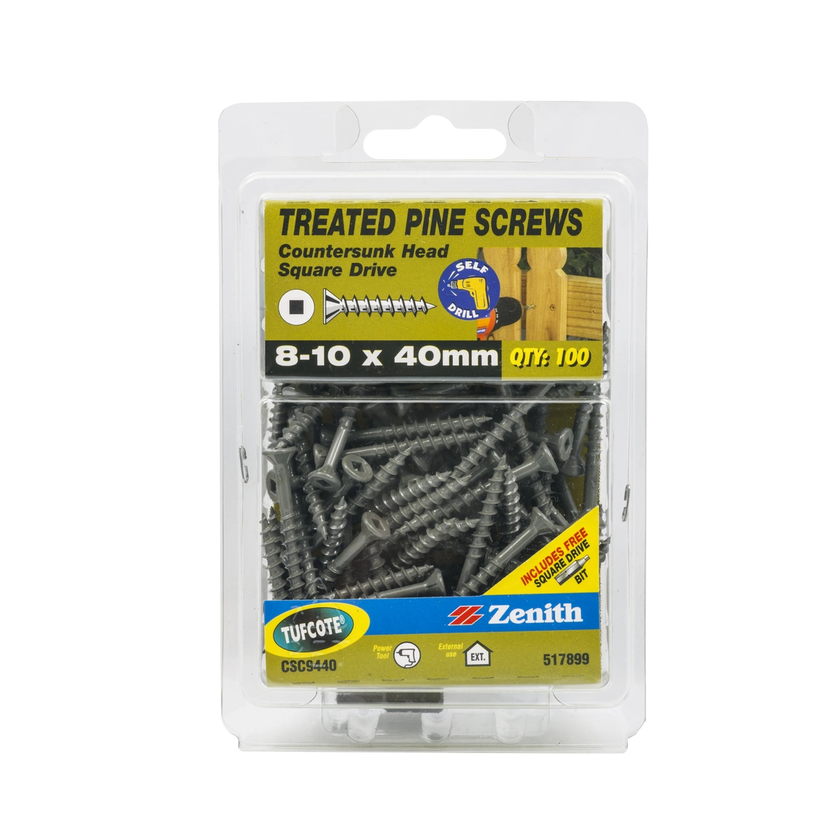 ZENITH® 8G x 40mm TUFCOTE®, Square Drive, Treated Pine Screws – External Use – 100 Pack