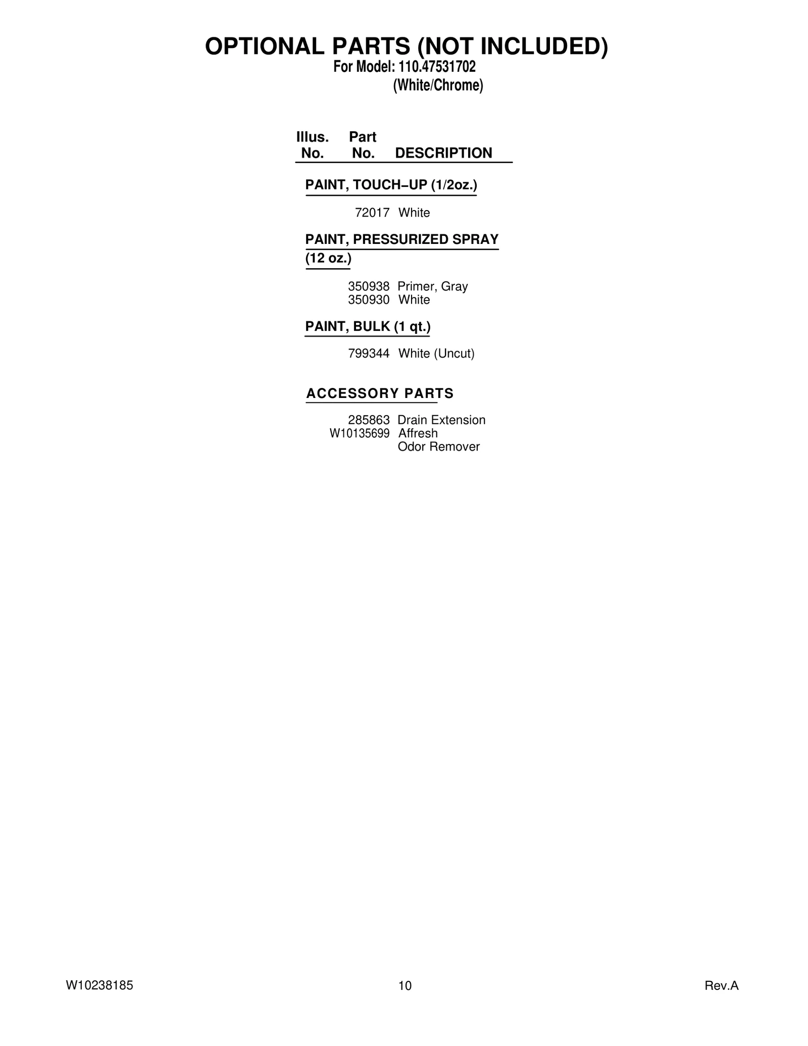 OPTIONAL PARTS (NOT INCLUDED)