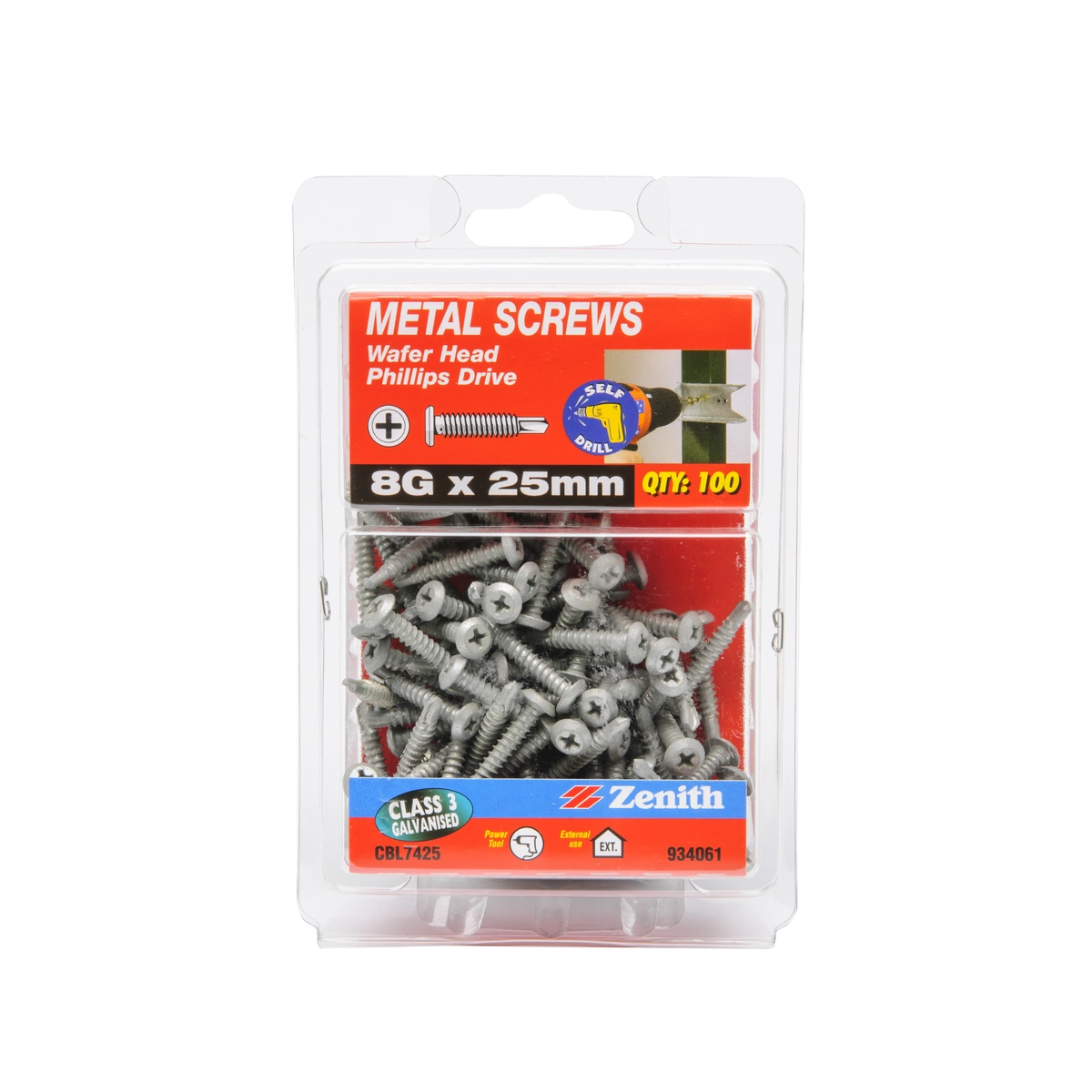 ZENITH® 8G x 25mm Class 3 Galvanised, Self Drilling, Phillips Drive, Metal Screws – External Use – 100 Pack