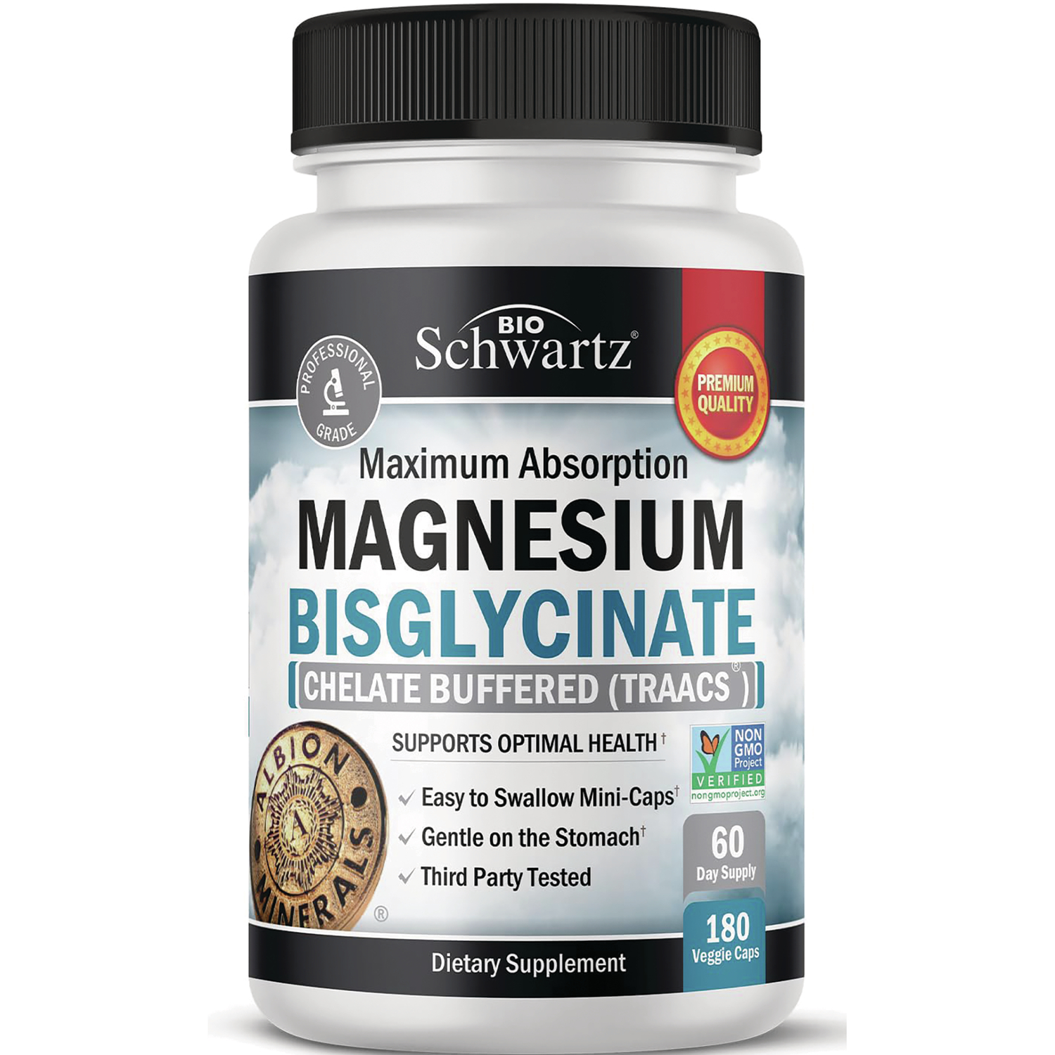 BioSchwartz Maximum Absorption Magnesium Bisglycinate Vitamin | 180 Veg Caps