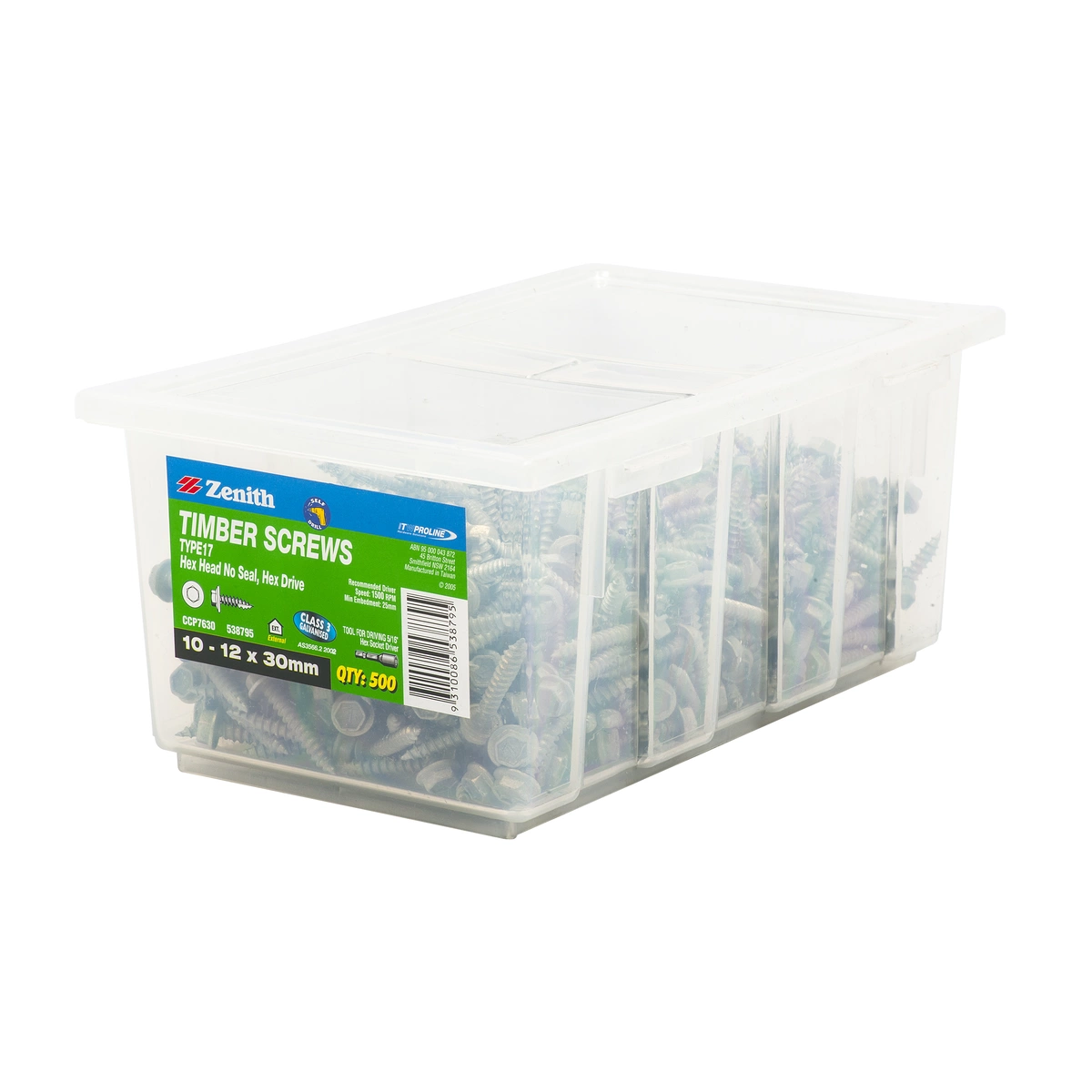 ZENITH® 10G x 30mm Class 3 Galvanised, External Hex Drive, Timber Screws – External Use – 500 Pack