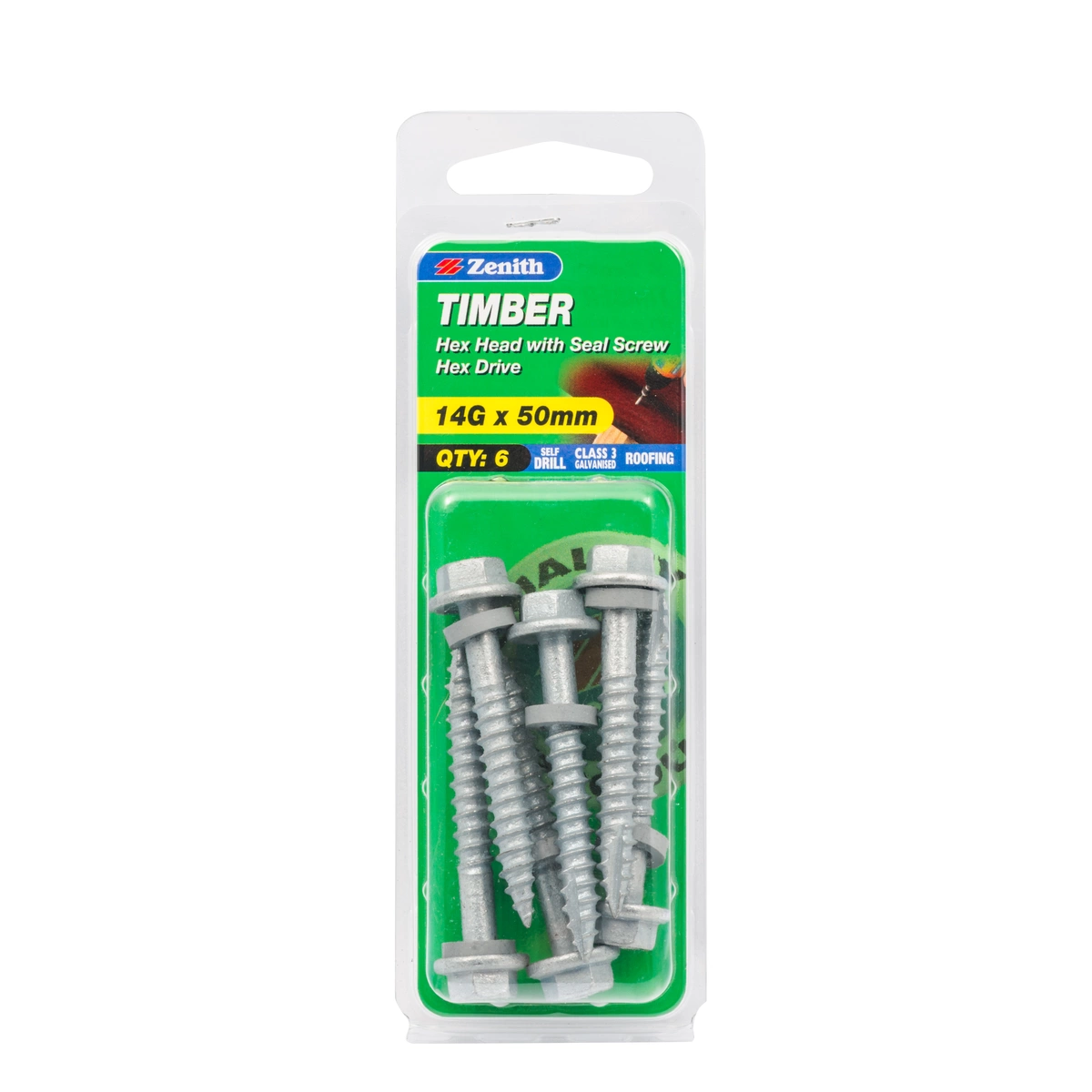 ZENITH® 14G x 50mm Class 3 Galvanised, External Hex Drive, Cladding & Roofing Screws with Seal – External Use – 6 Pack