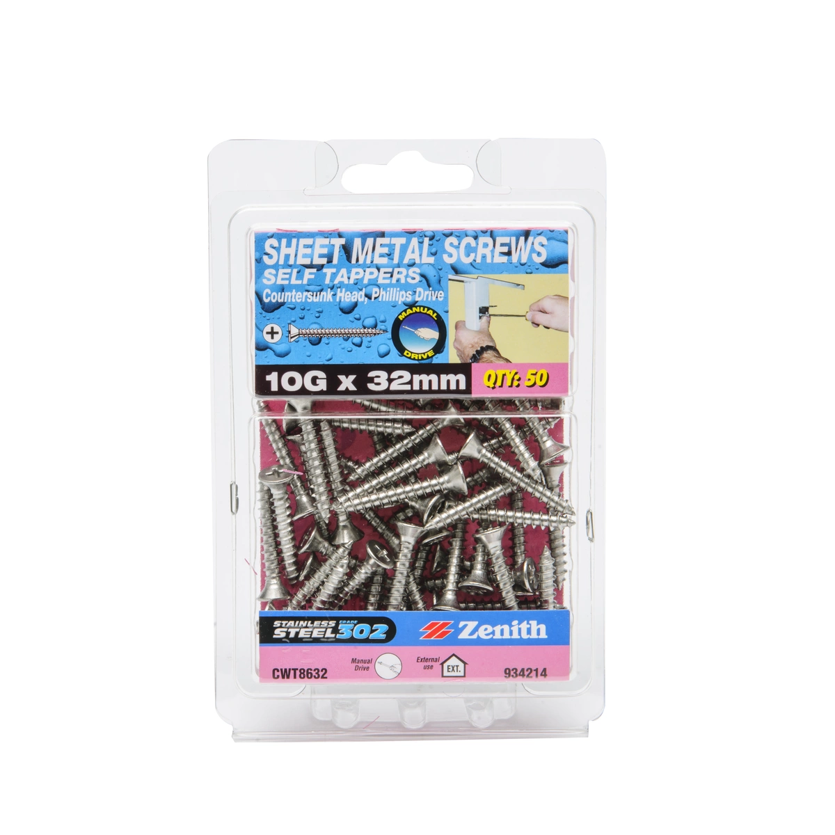 ZENITH® 10G x 32mm 304 Stainless Steel, Self Tapping, Phillips Drive, Sheet Metal Screws – External Use – 50 Pack