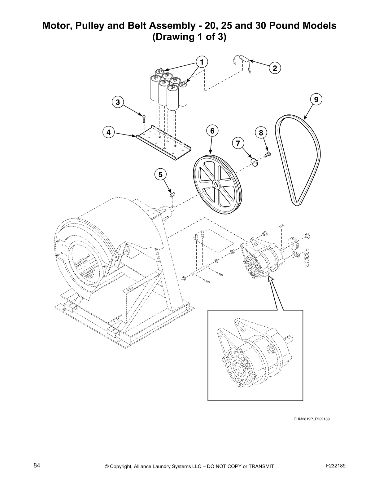 Motor, Pulley and Belt Assembly - 20, 25 and 30 Pound Models
(Drawing 1 of 3)