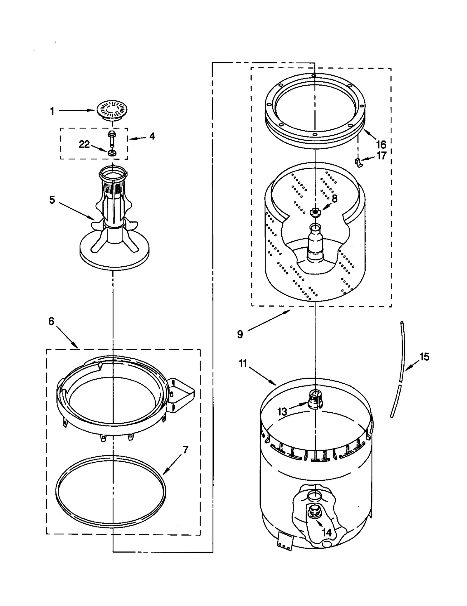 AGITATOR, BASKET AND TUB