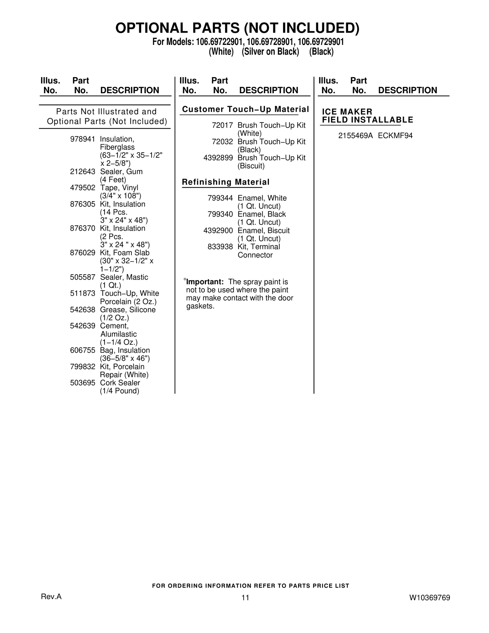 OPTIONAL PARTS (NOT INCLUDED)