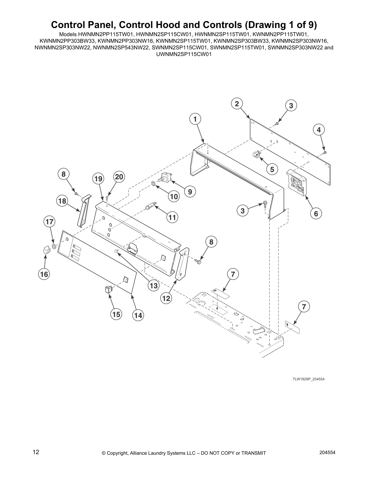 Control Panel, Control Hood and Controls (Drawing 1 of 9)