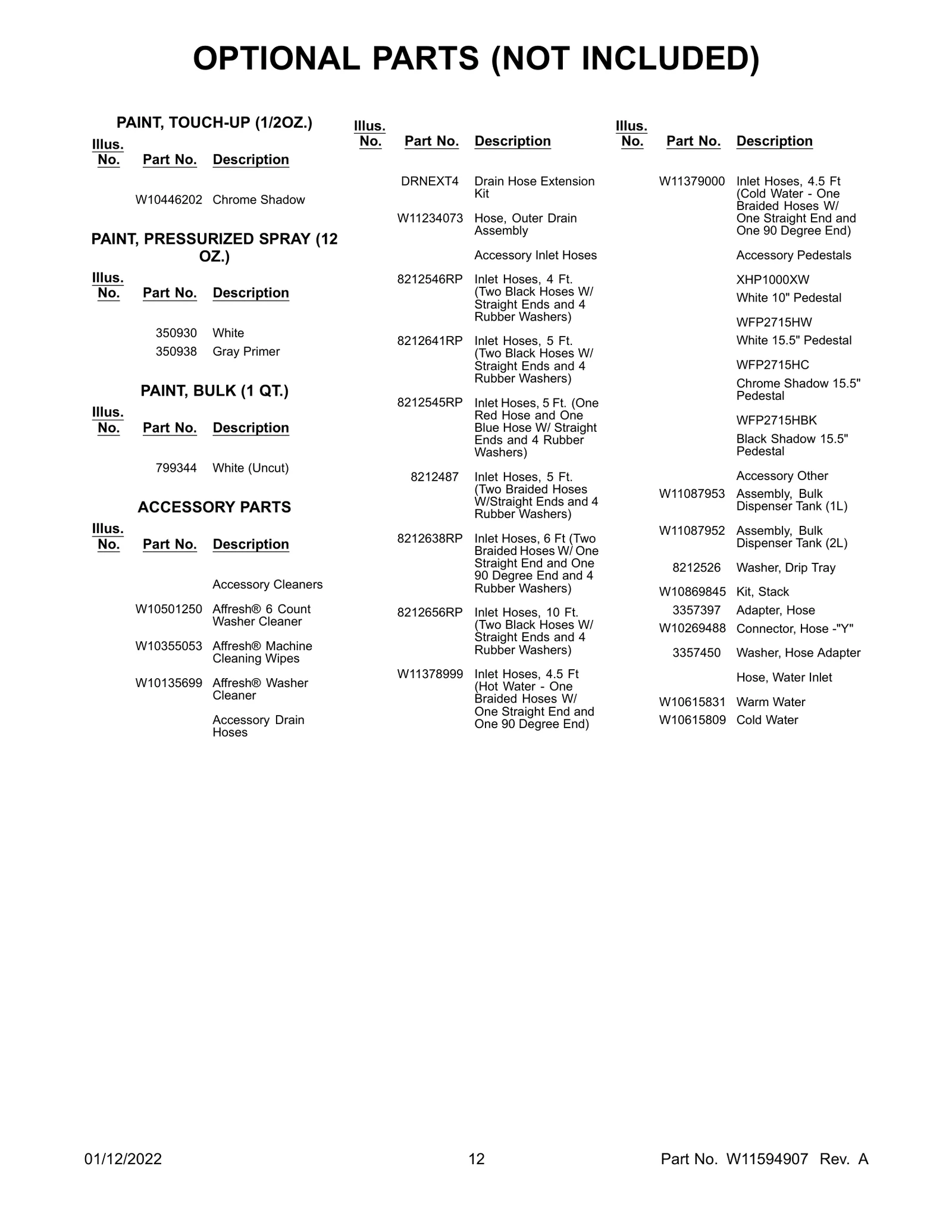 OPTIONAL PARTS (NOT INCLUDED)