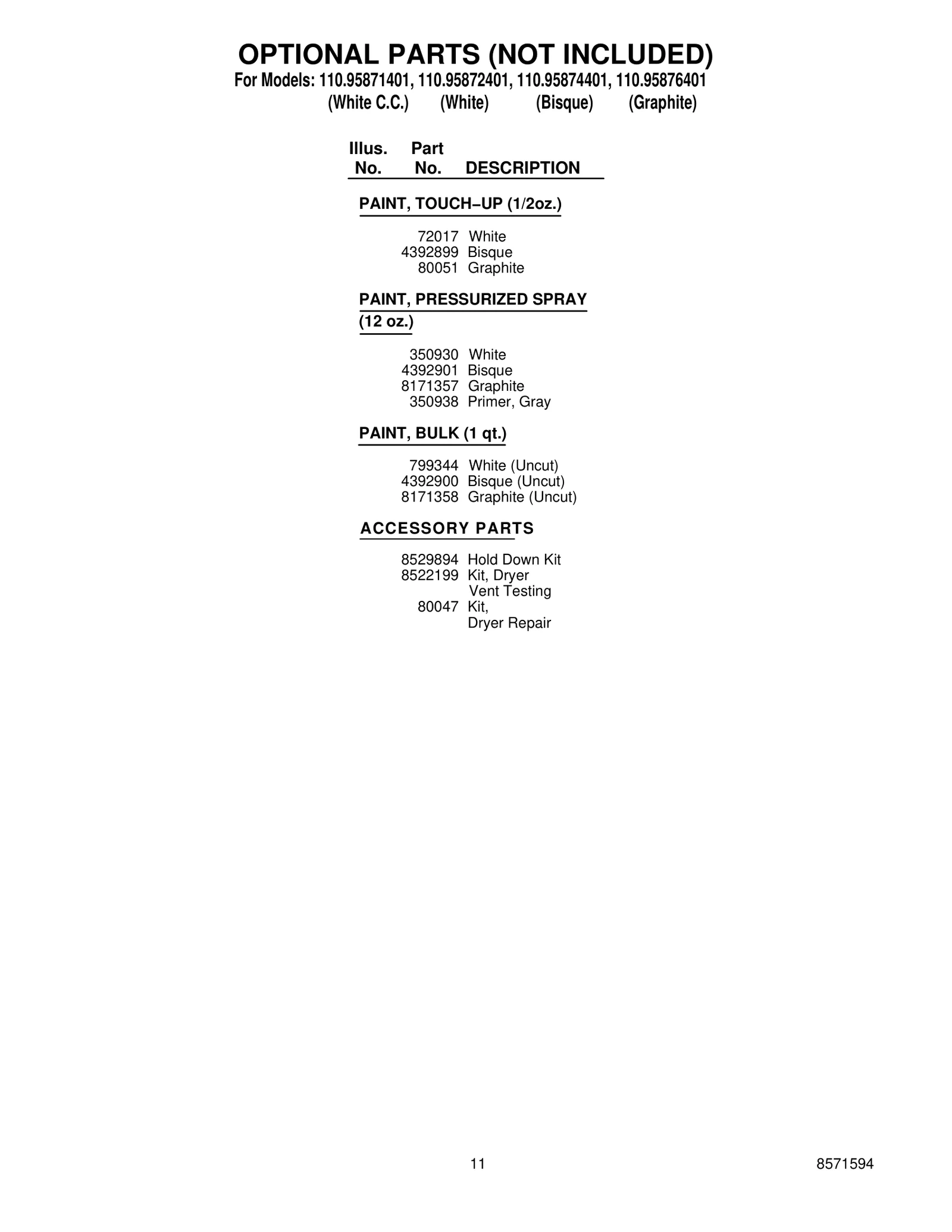 OPTIONAL PARTS (NOT INCLUDED)