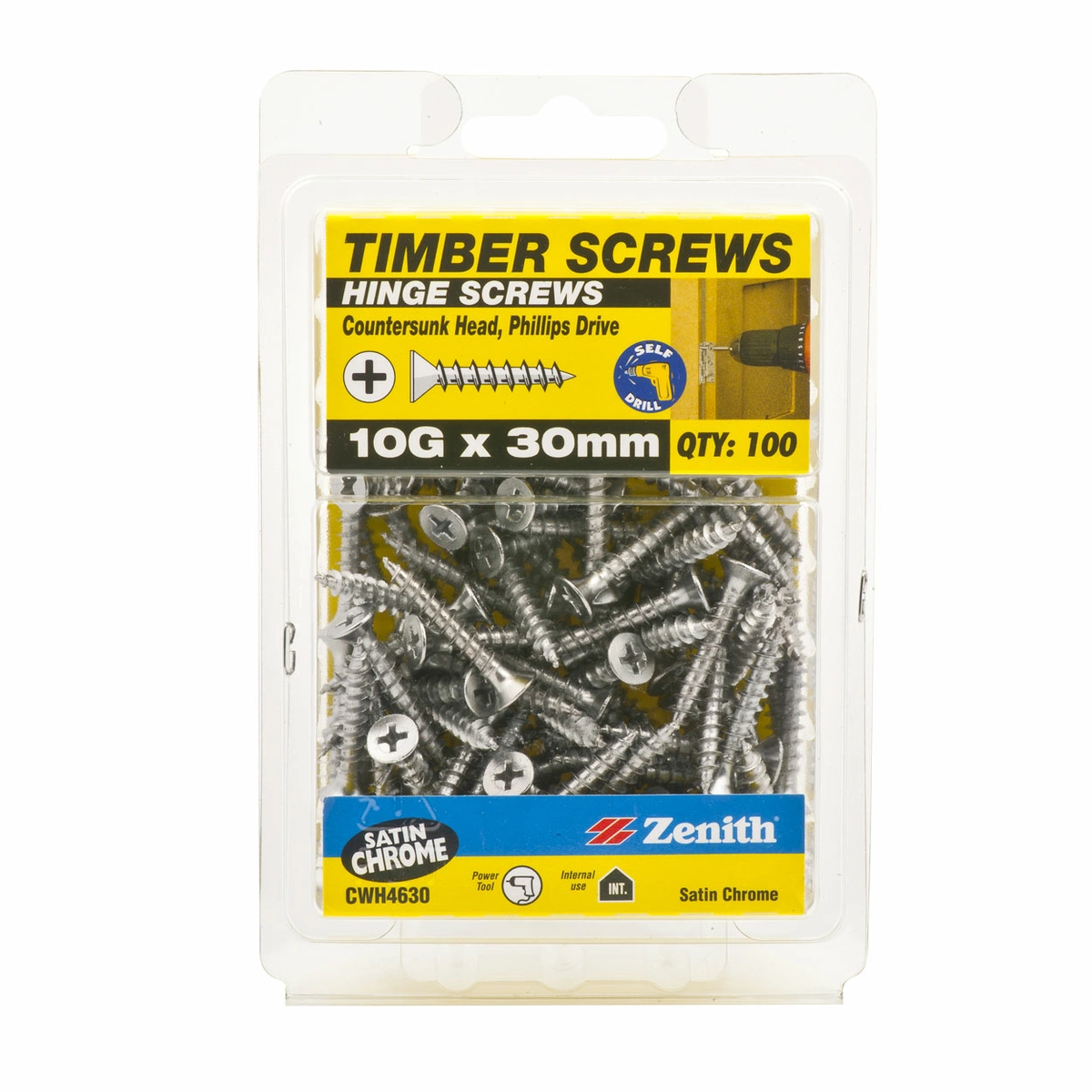 ZENITH® 10G x 30mm Satin Chrome Plated, Phillips Drive, Hinge Screws – Internal Use – 100 Pack