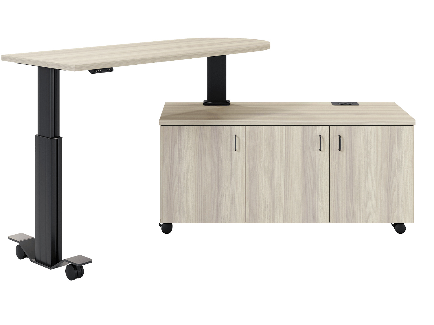 Left handed Samara rotating electric height adjustable workstation from RightAngle shown in 145 degree angle standing position.