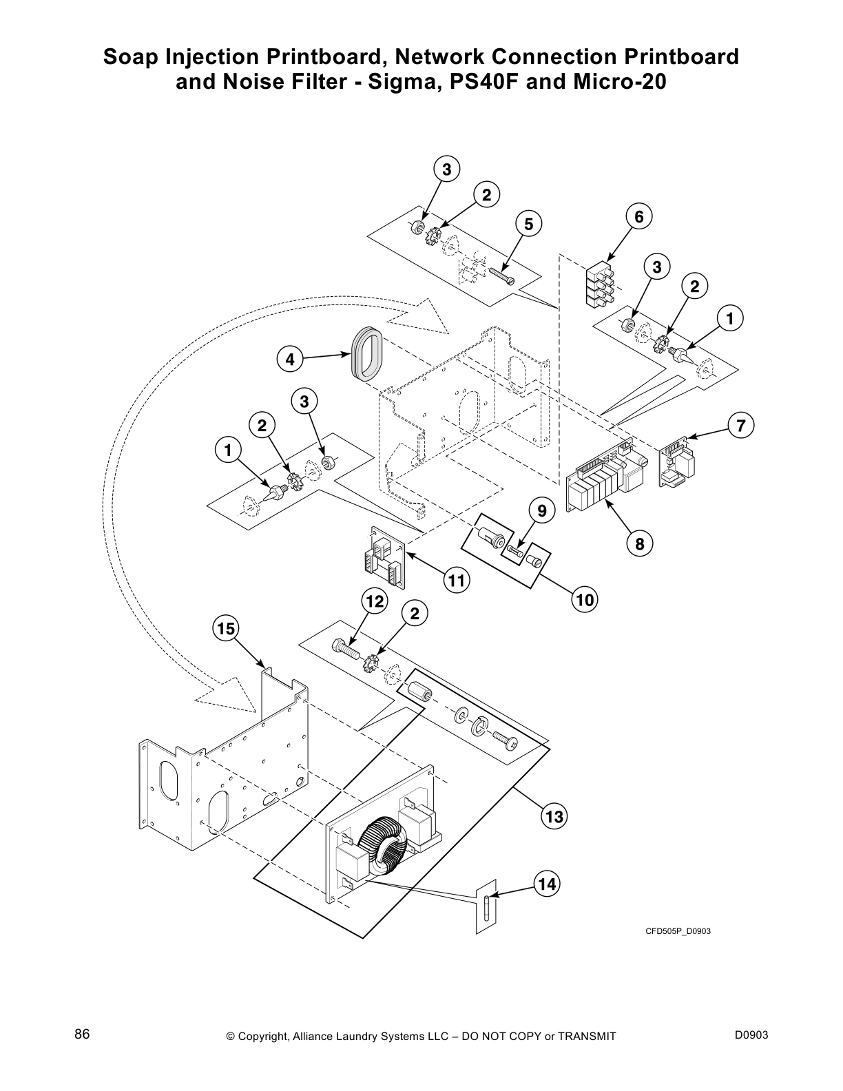 Soap Injection Printboard, Network Connection Printboard 
and Noise Filter - Sigma, PS40F and Micro-20