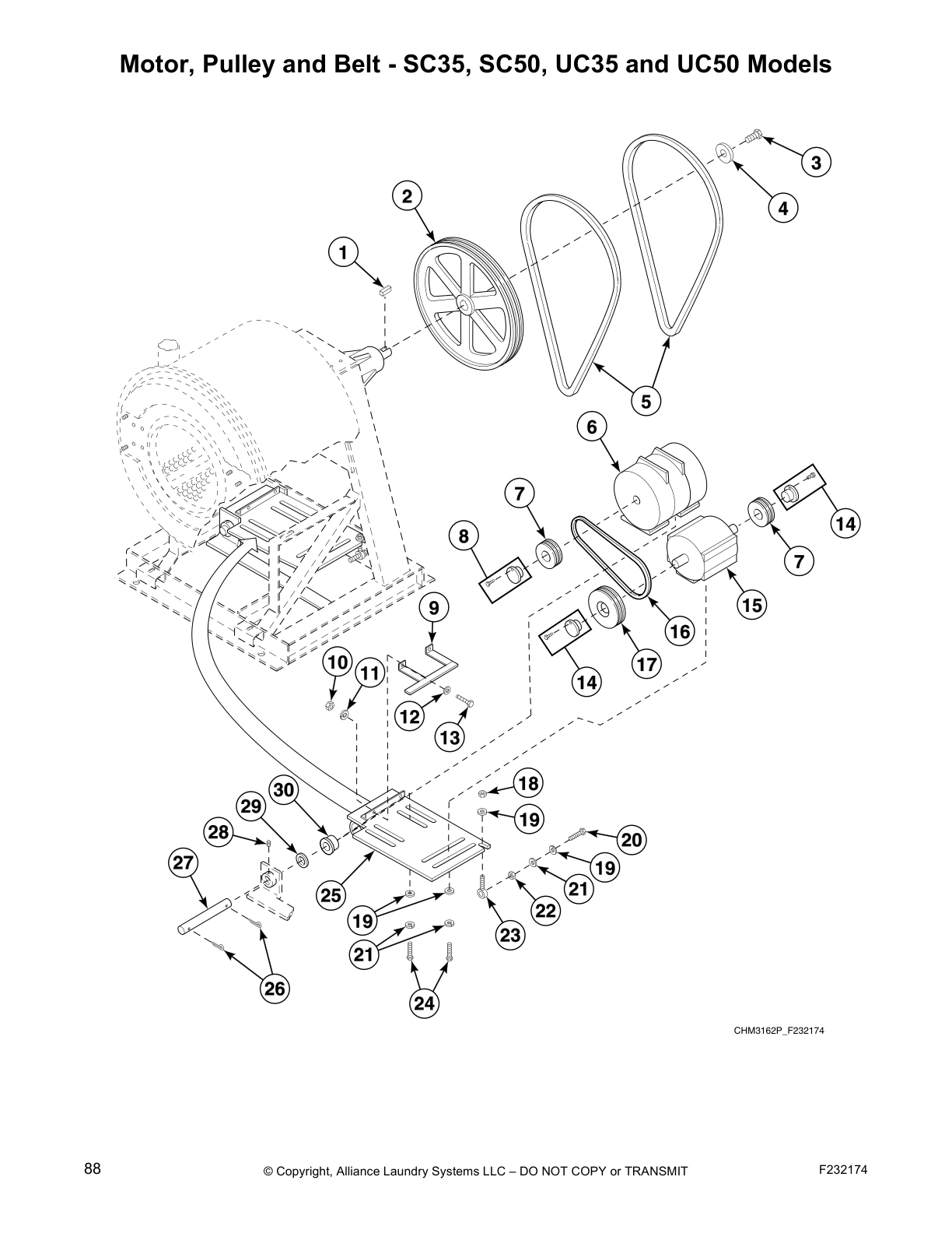 Motor, Pulley and Belt - SC35, SC50, UC35 and UC50 Models