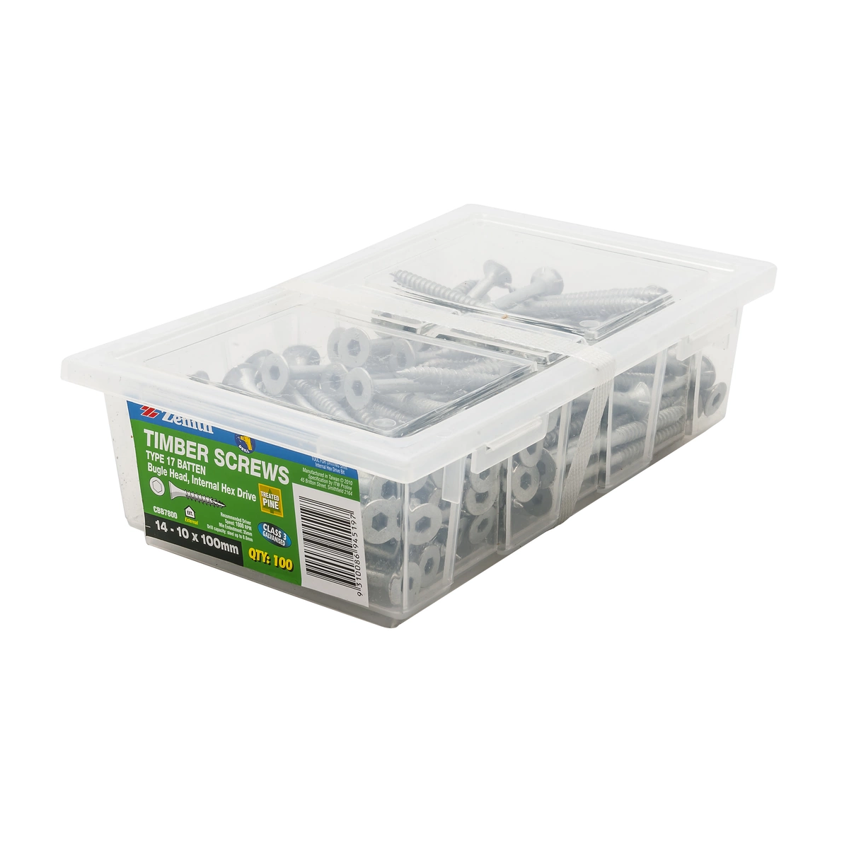 ZENITH® 14G x 100mm Class 3 Galvanised, Self Drilling, Internal Hex Drive, Bugle Batten Screws – External Use – 100 Pack