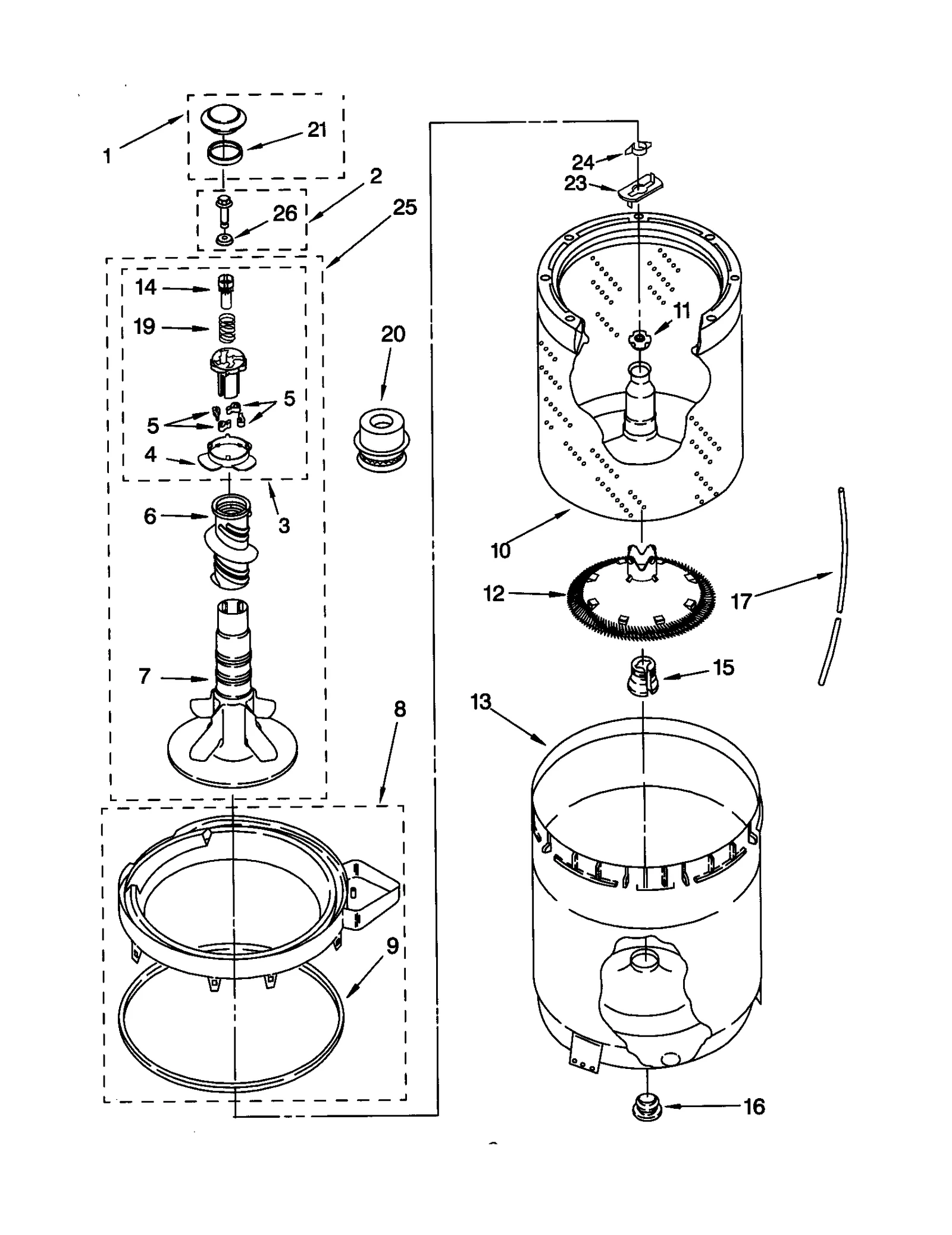 AGITATOR, BASKET, AND TUB