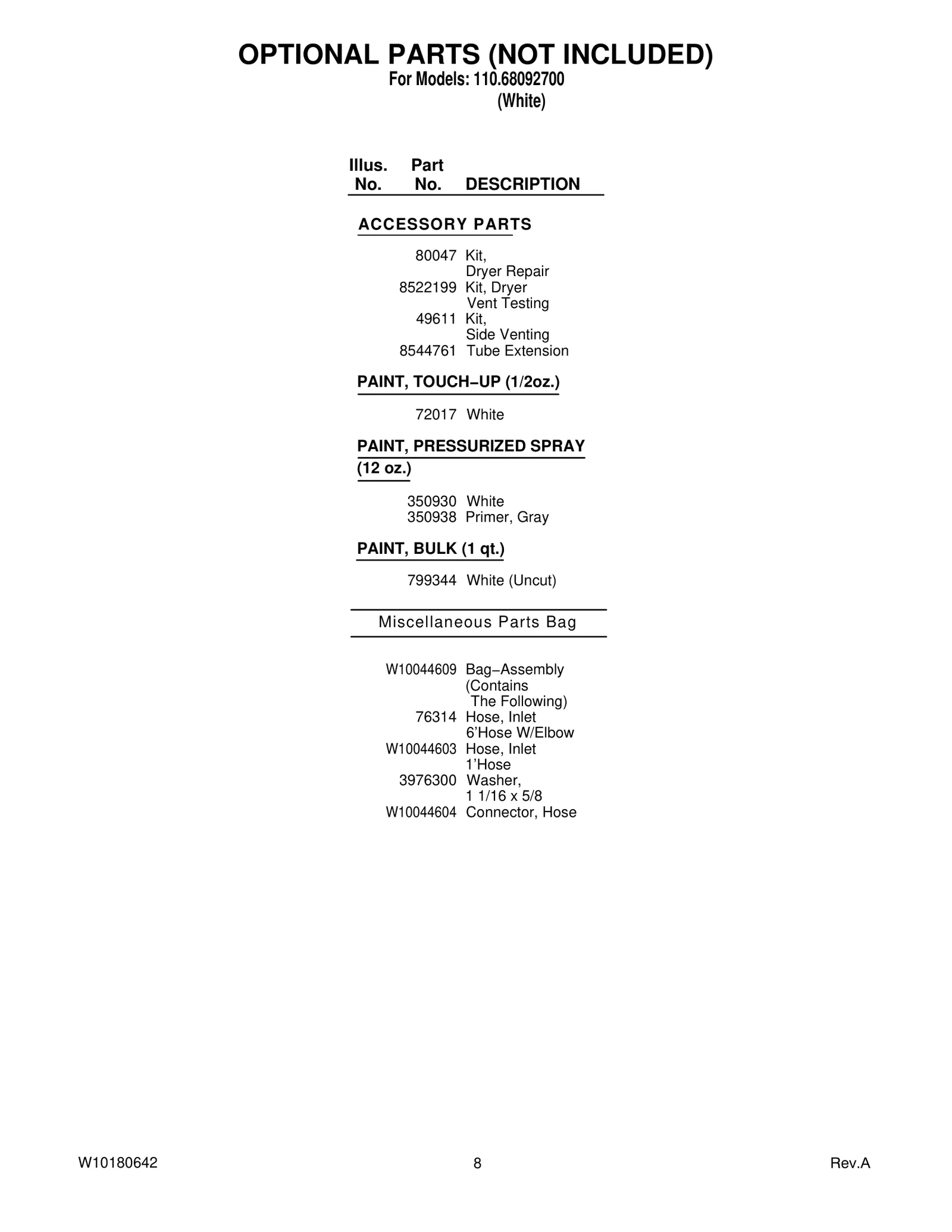 OPTIONAL PARTS (NOT INCLUDED)