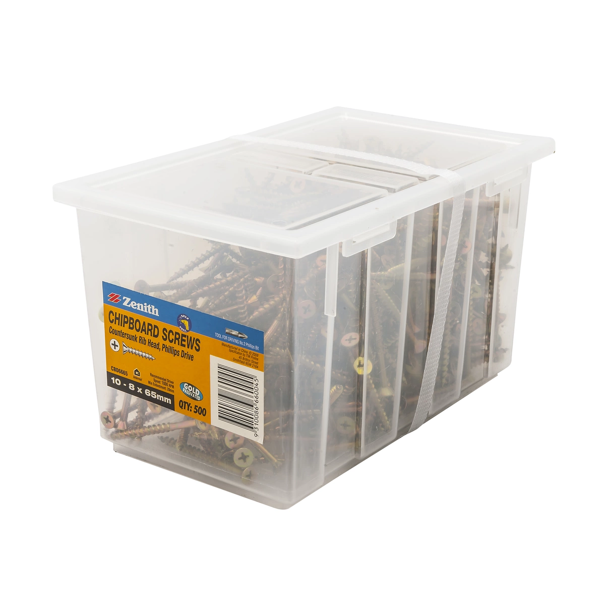 ZENITH® 10G x 65mm Gold Passivated, Phillips Drive, Chipboard Screws – Internal Use – 500 Pack