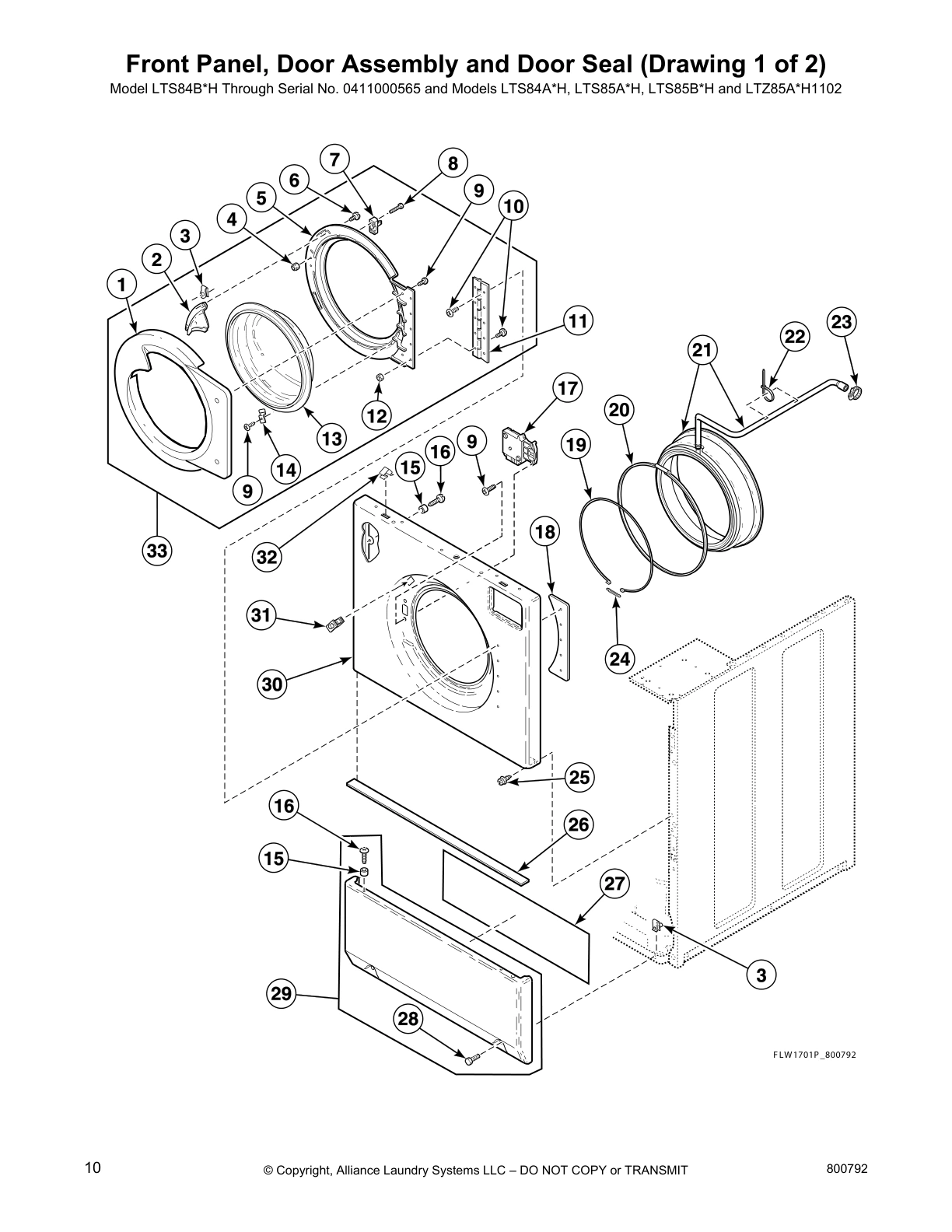 Front Panel, Door Assembly and Door Seal (Drawing 1 of 2)