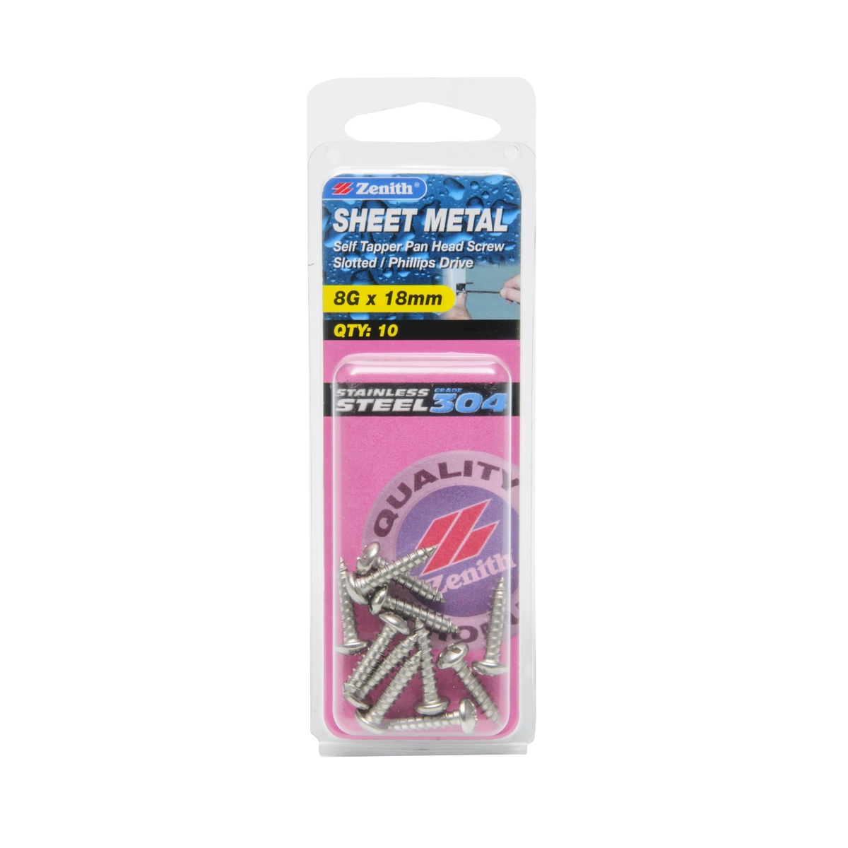 ZENITH® 8G x 18mm 304 Stainless Steel, Self Tapping, Combination Drive, Sheet Metal Screws – External Use – 10 Pack