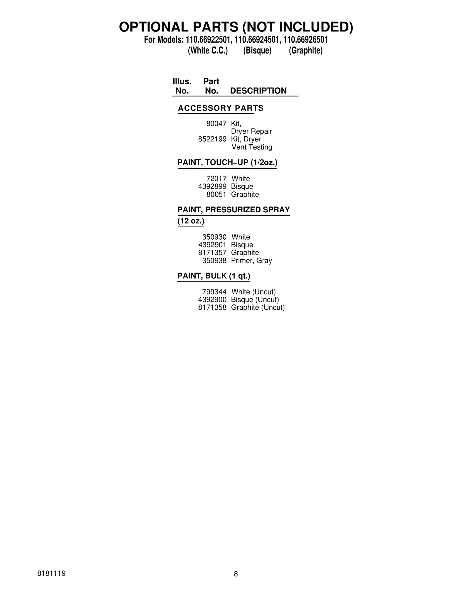 OPTIONAL PARTS (NOT INCLUDED)