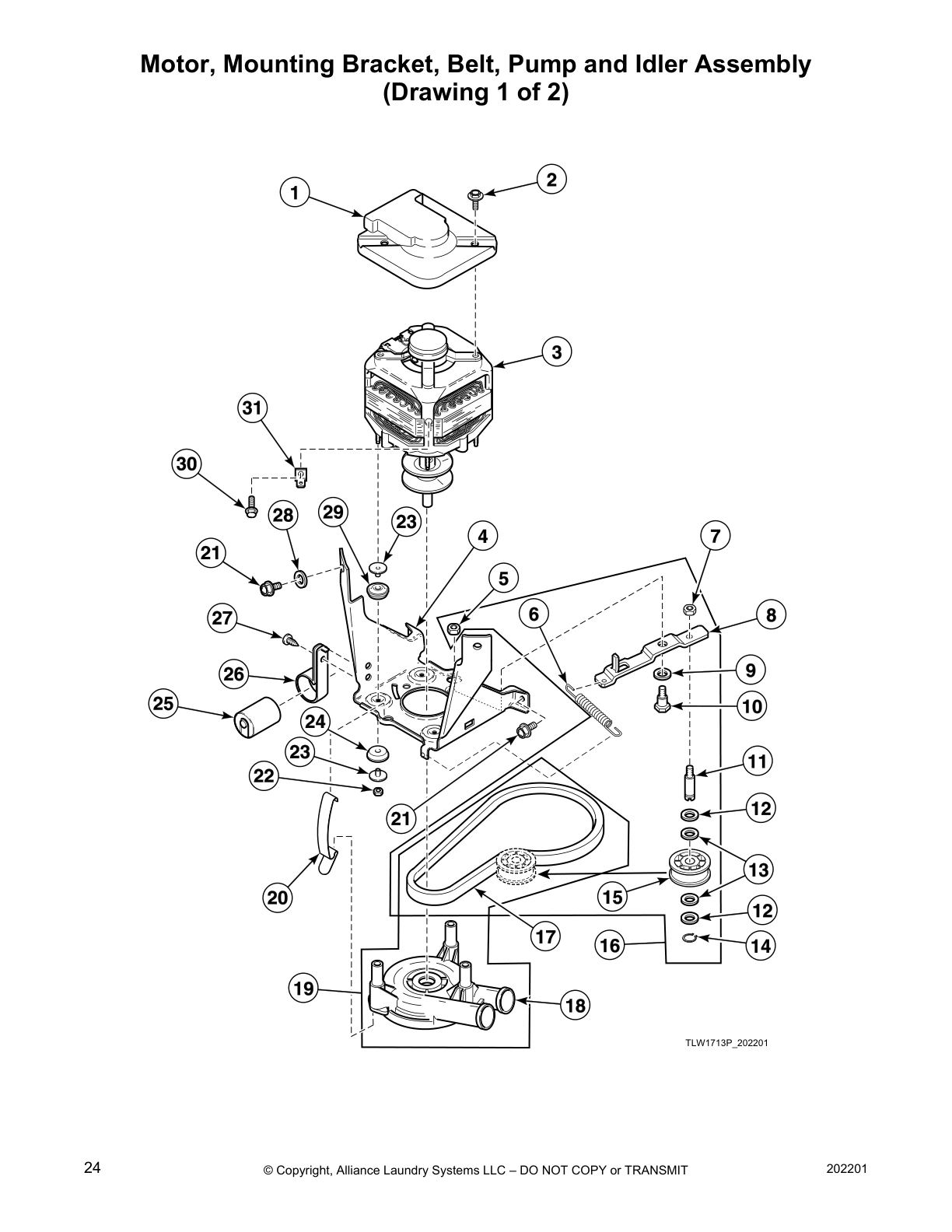 Motor, Mounting Bracket, Belt, Pump and Idler Assembly
(Drawing 1 of 2)