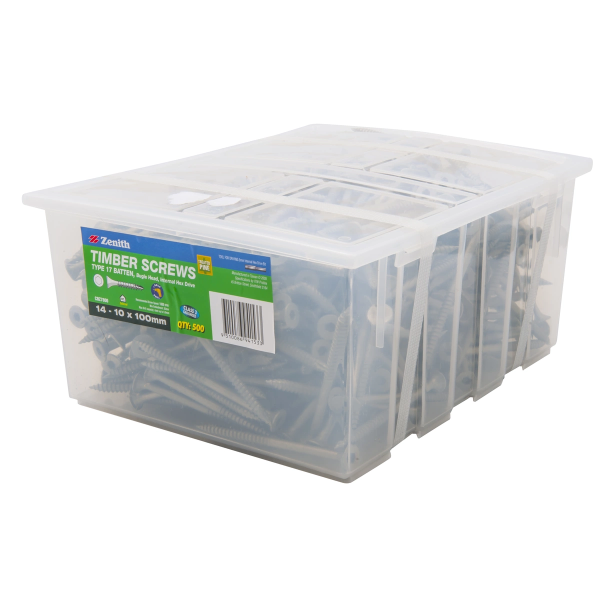 ZENITH® 14G x 100mm Class 3 Galvanised, Self Drilling, Internal Hex Drive, Bugle Batten Screws – External Use – 500 Pack