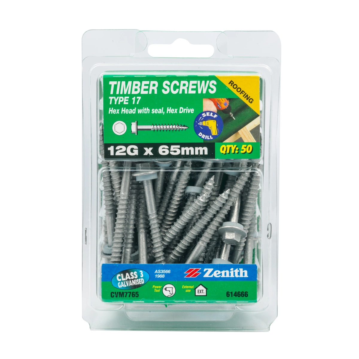 ZENITH® 12G x 65mm Class 3 Galvanised, External Hex Drive, Hex Head, Cladding & Roofing Screws with Seal – External Use – 50 Pack