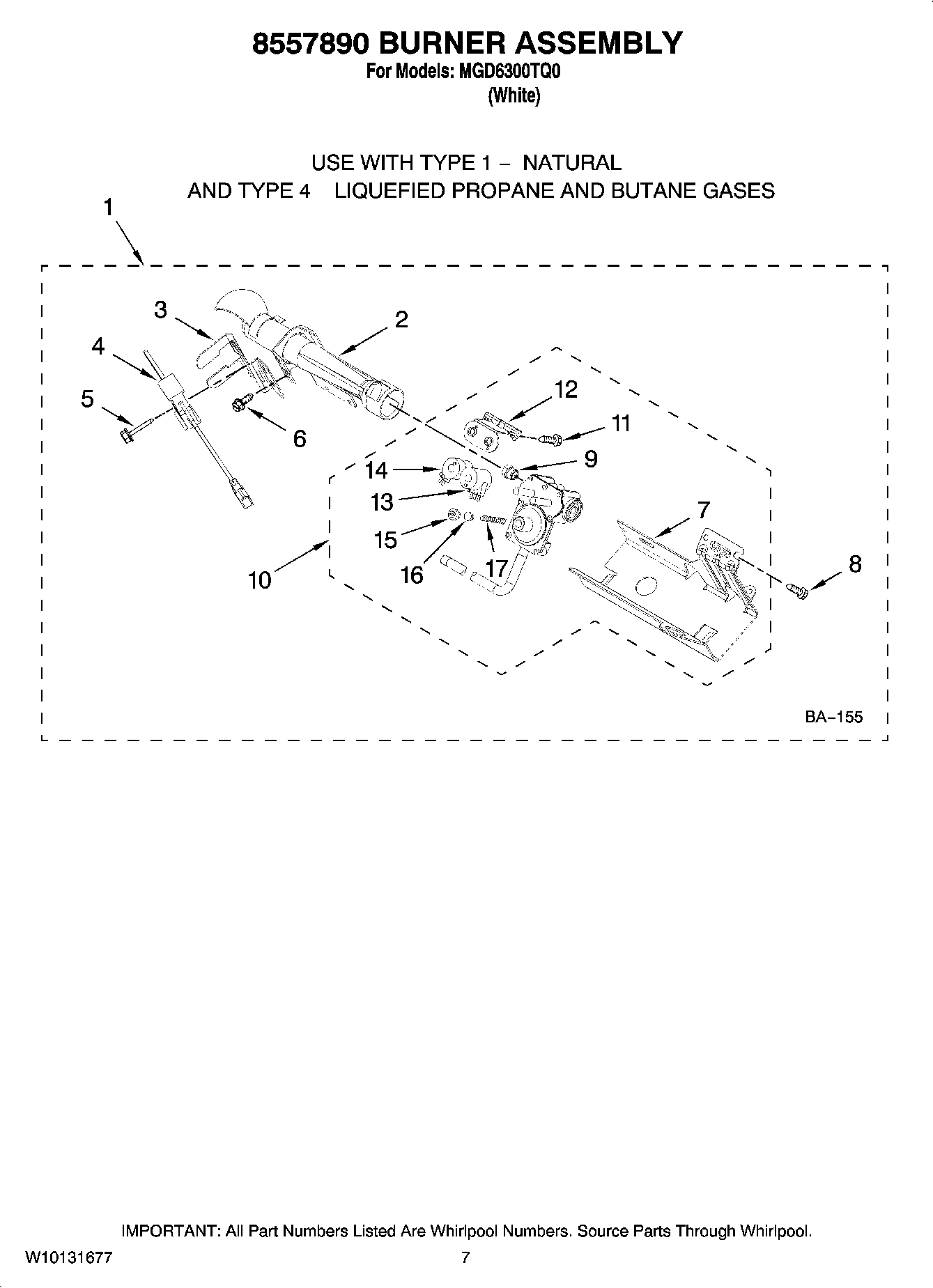 04 - 8557890 BURNER ASSEMBLY, OPTIONAL PARTS (NOT INCLUDED)
