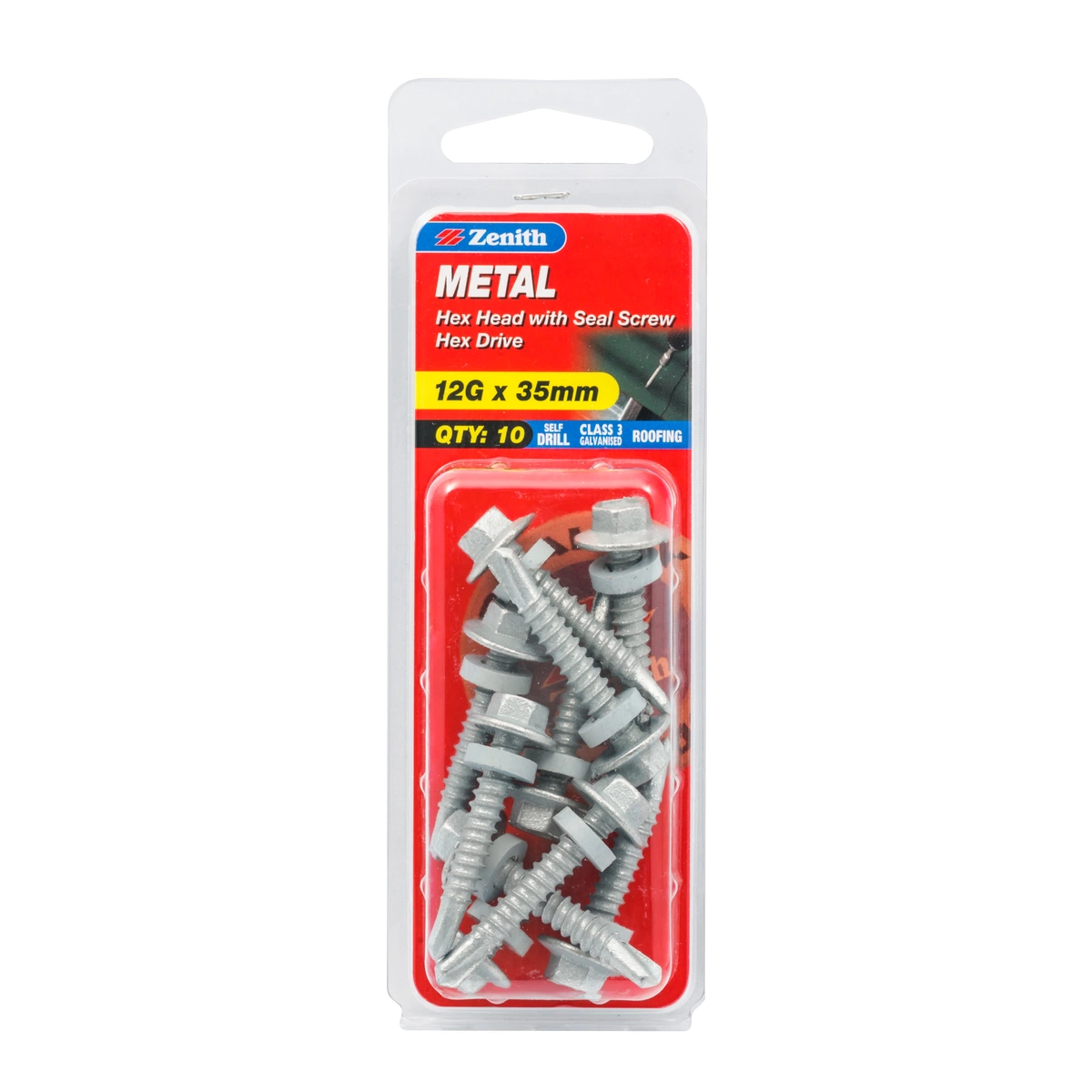 ZENITH® 12G x 35mm Class 3 Galvanised, Self Drilling, External Hex Drive, Cladding & Roofing Screws with Seal – External Use – 10 Pack