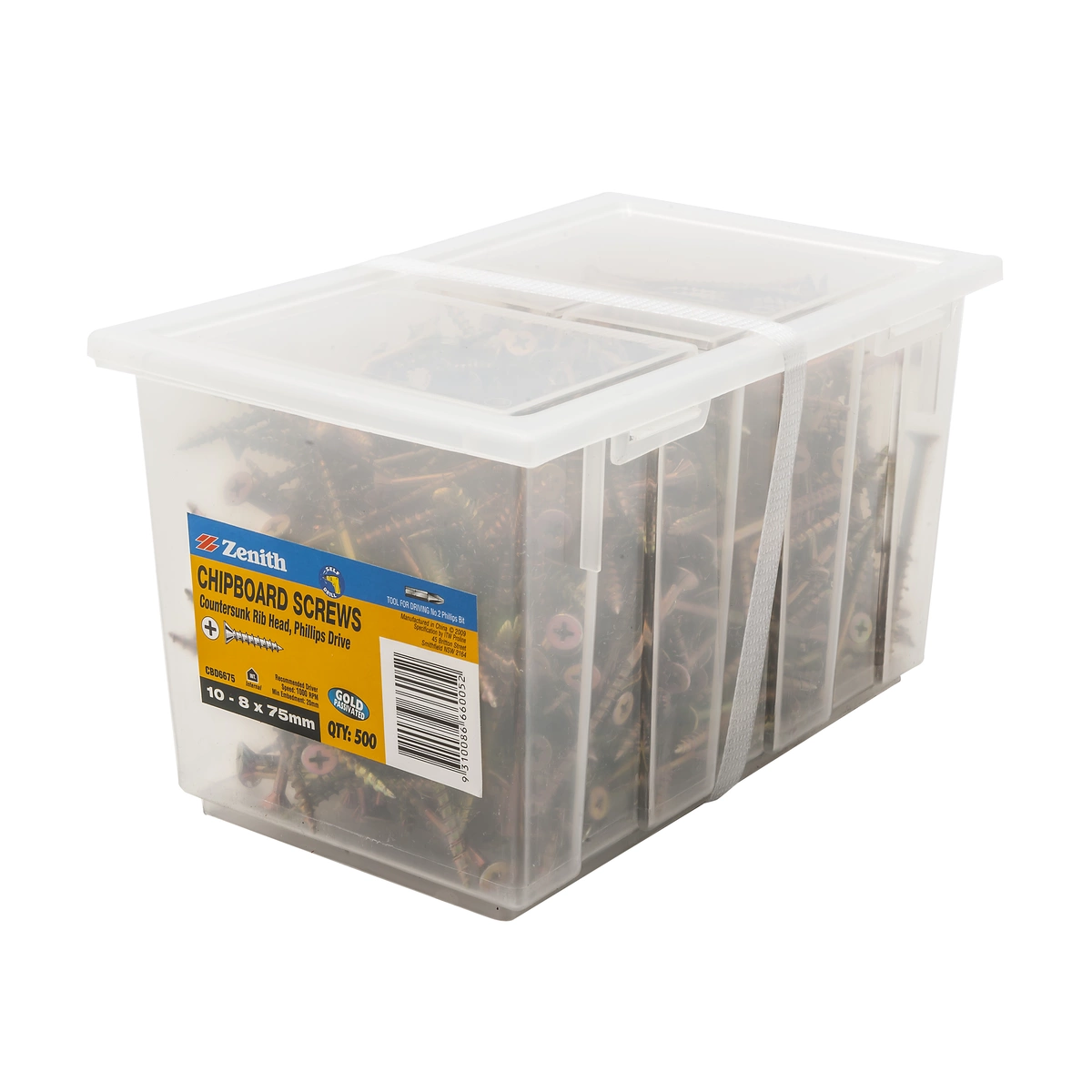 ZENITH® 10G x 75mm Gold Passivated, Phillips Drive, Chipboard Screws – Internal Use – 500 Pack