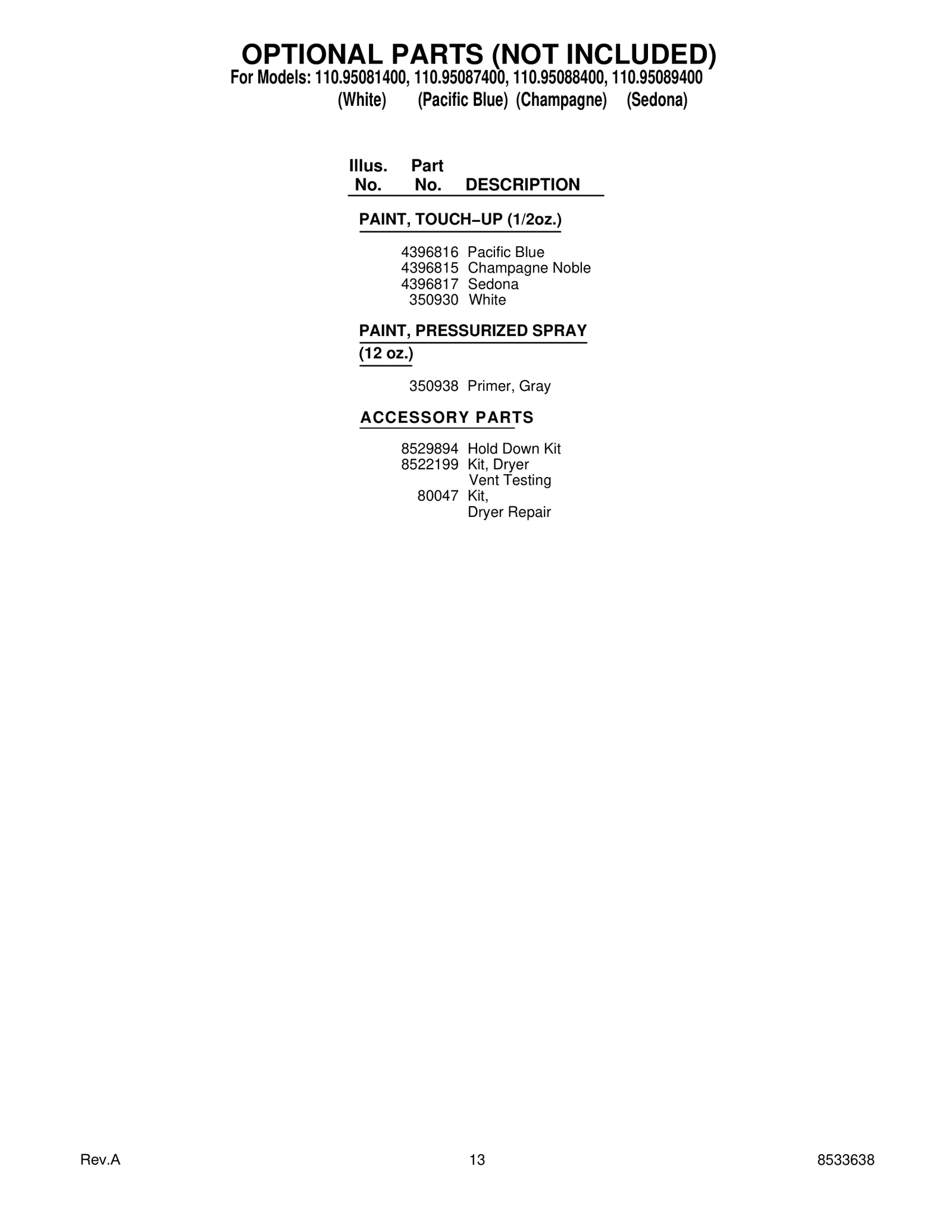 OPTIONAL PARTS (NOT INCLUDED)