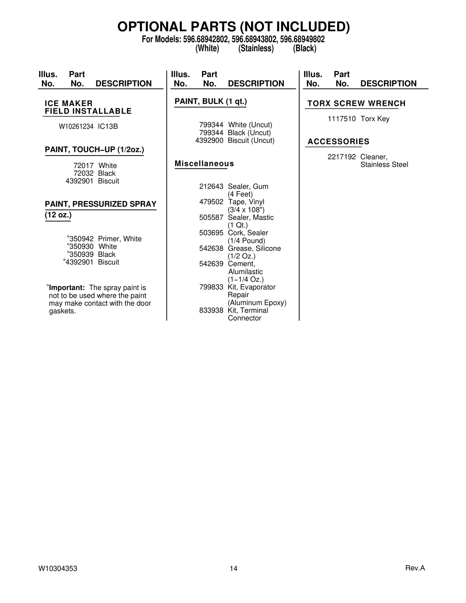 OPTIONAL PARTS (NOT INCLUDED)