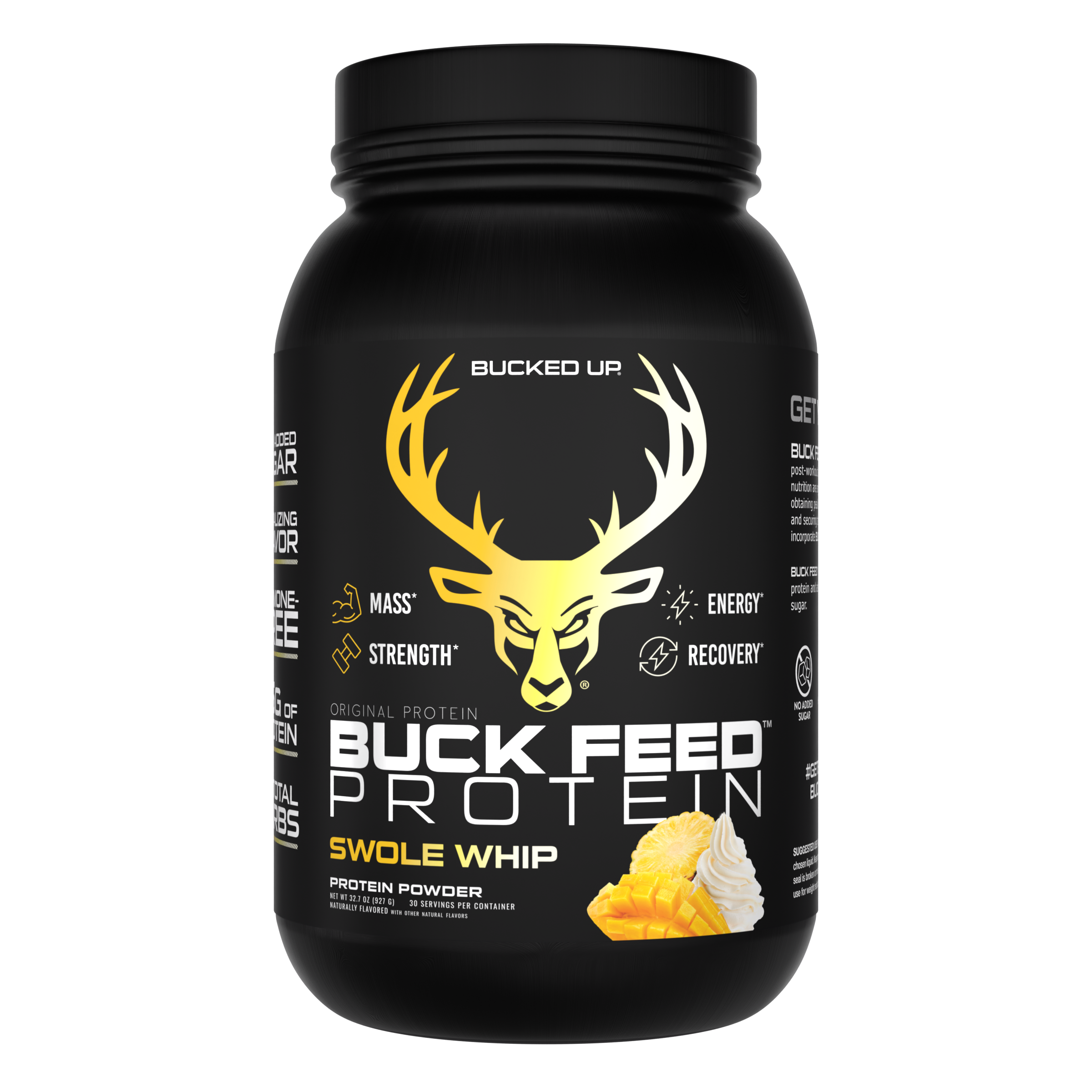 A black cylindrical container of Bucked Up Buck Feed Protein powder with a screw-on lid, featuring a prominent yellow and white stylized deer head logo with antlers on the front. The label displays the product name in bold white letters, with the flavor 'Swole Whip' in yellow, alongside images of pineapple slices and whipped cream. The background is plain white, and the design emphasizes strength, energy, and recovery benefits with icons and text. The overall style is modern and sporty, suitable for a fitness supplement product.