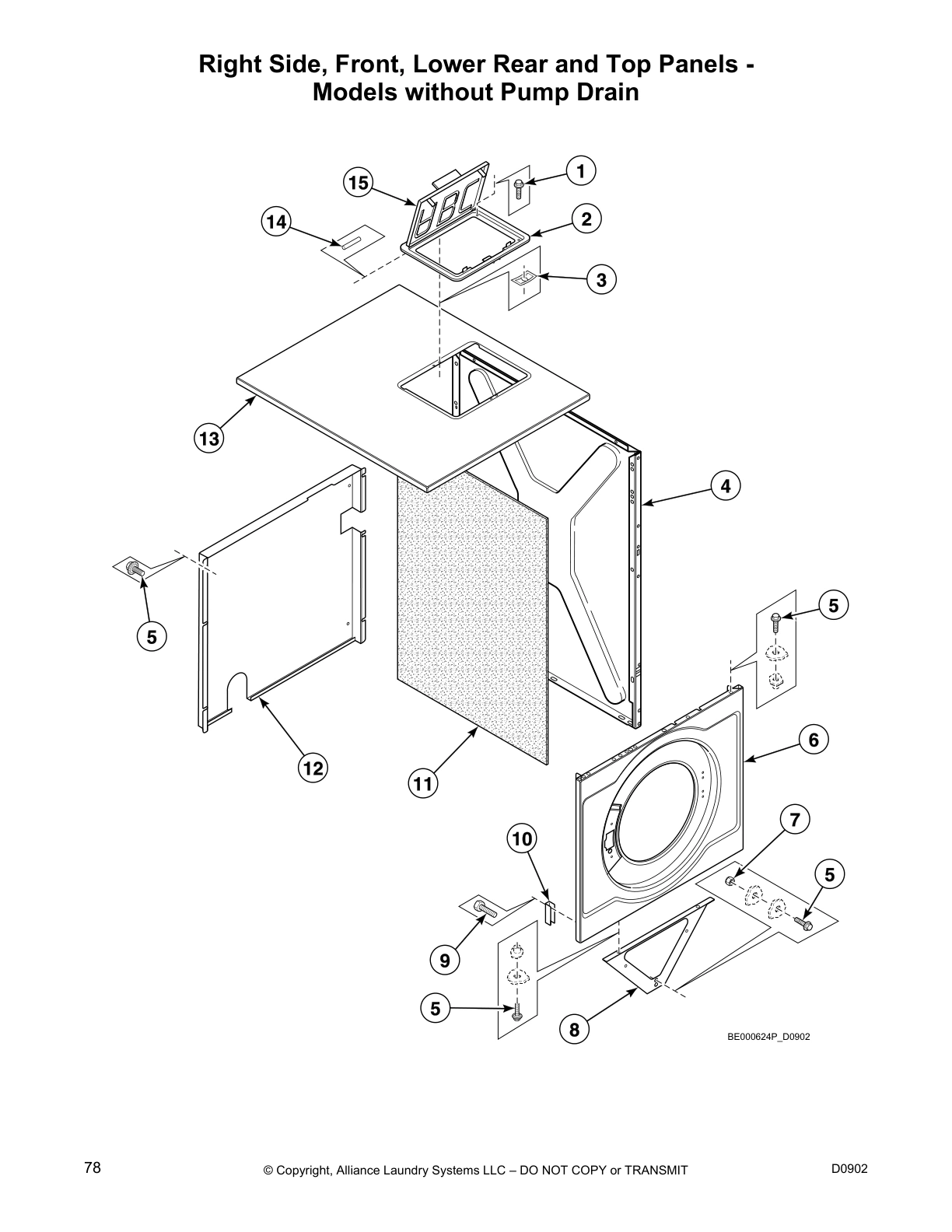 Right Side, Front, Lower Rear and Top Panels - 
Models without Pump Drain