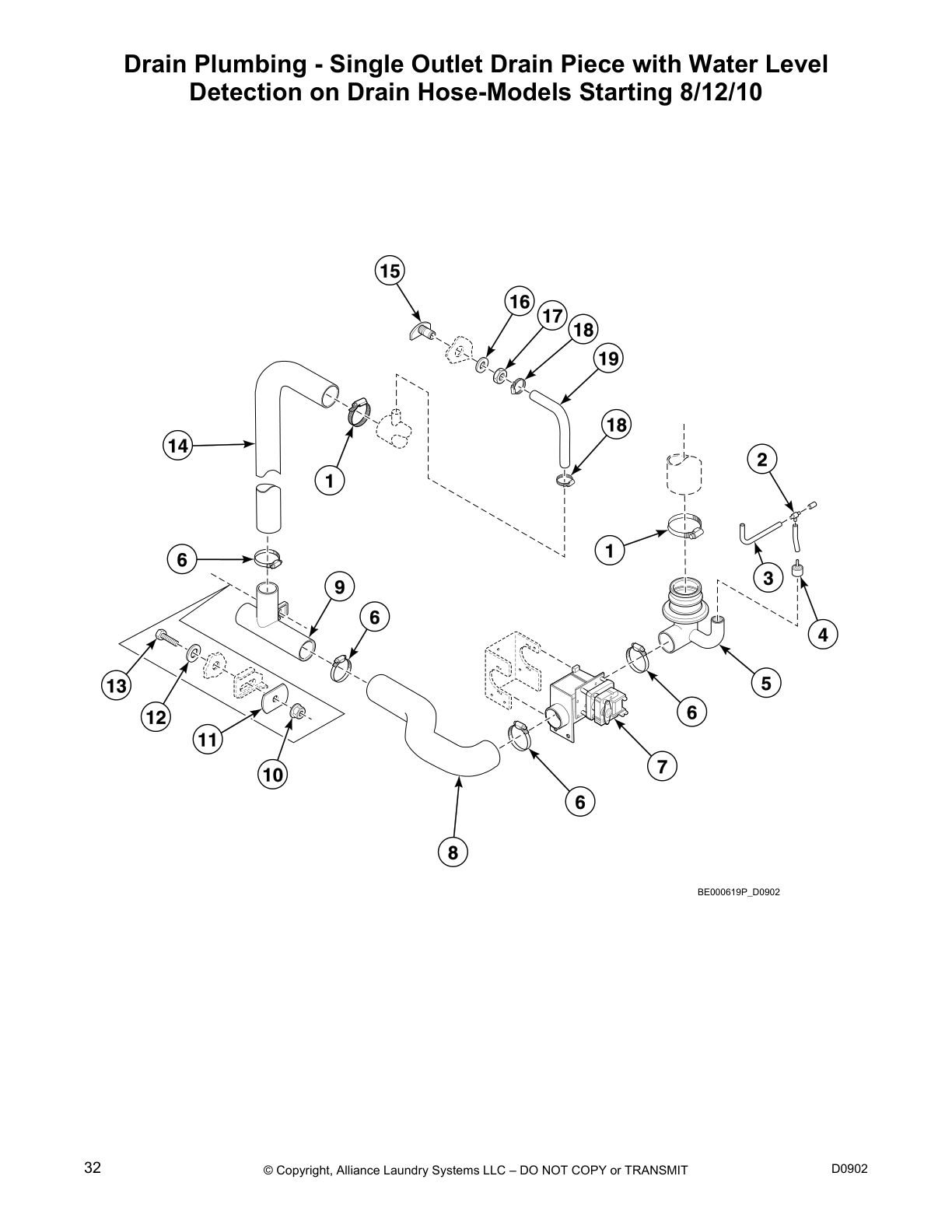 Drain Plumbing - Single Outlet Drain Piece with Water Level
Detection on Drain Hose-Models Starting 8/12/10