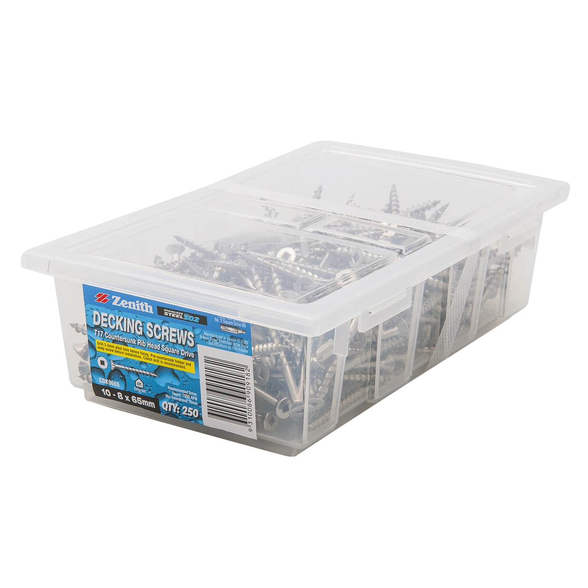 ZENITH® 10G x 65mm 304 Stainless Steel, Square Drive, Decking Screws – External Use – 250 Pack