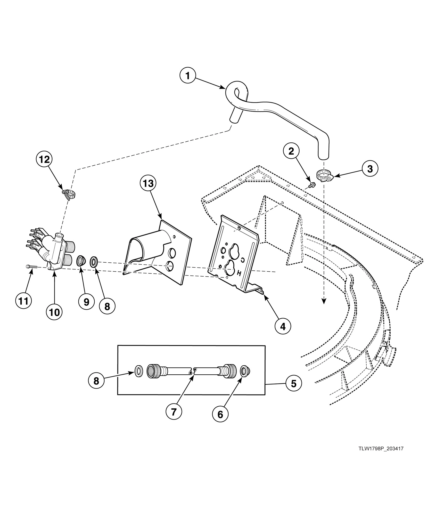 Fill Hose, Mixing Valve-to-Tub Cover Hose, Mixing Valve and Bracket