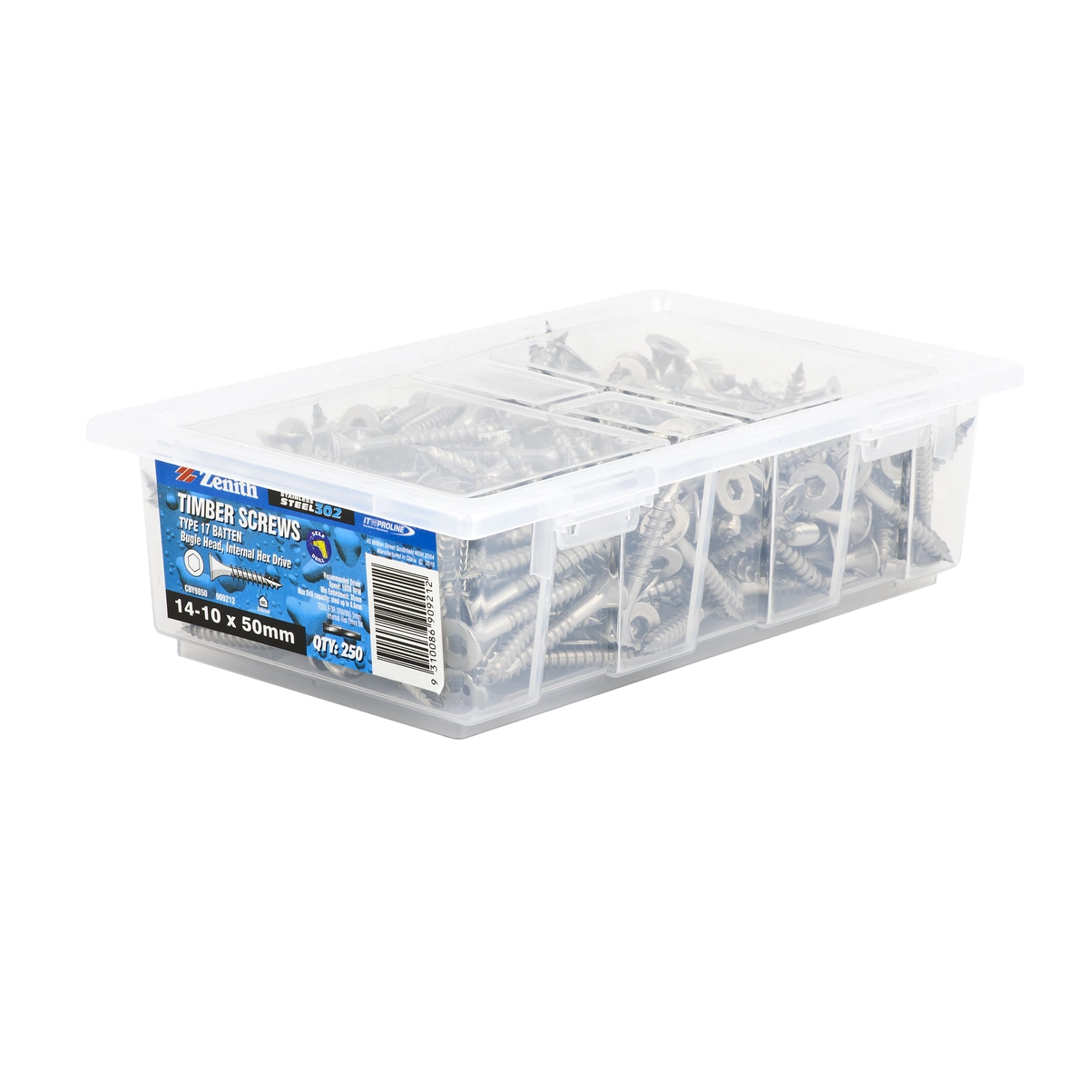 ZENITH® 14G x 50mm 304 Stainless Steel, Self Drilling, Internal Hex Drive, Bugle Batten Screws – External Use – 250 Pack