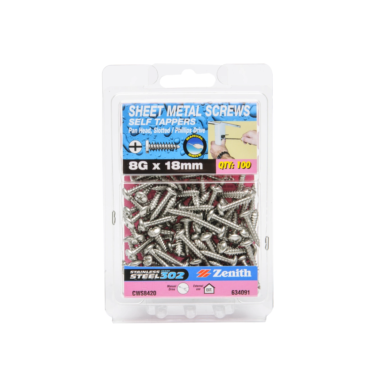 ZENITH® 8G x 18mm 304 Stainless Steel, Self Tapping, Combination Drive, Sheet Metal Screws – External Use – 100 Pack