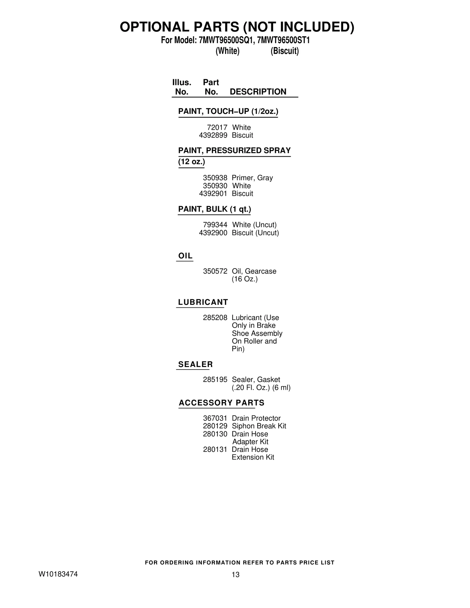 OPTIONAL PARTS (NOT INCLUDED)