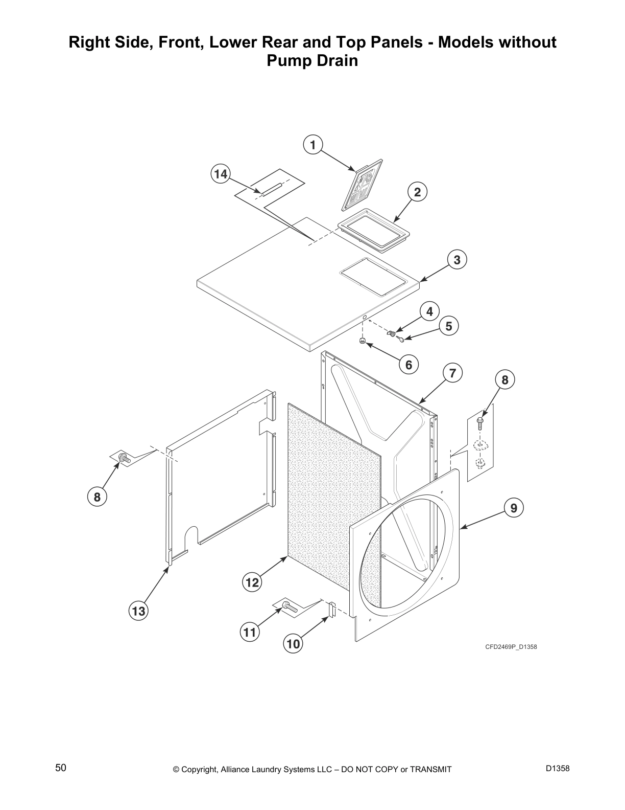 Right Side, Front, Lower Rear and Top Panels - Models without
Pump Drain
