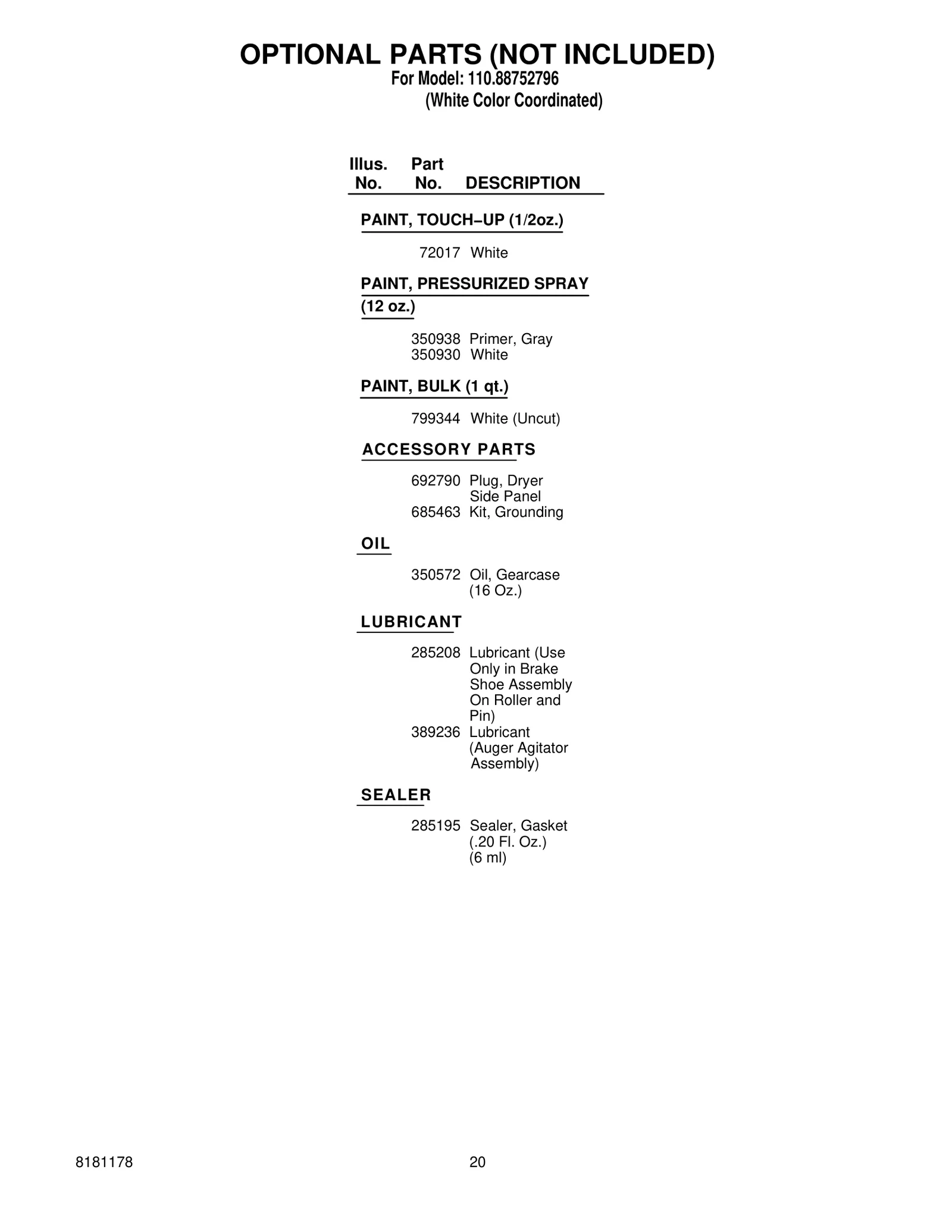 OPTIONAL PARTS (NOT INCLUDED)